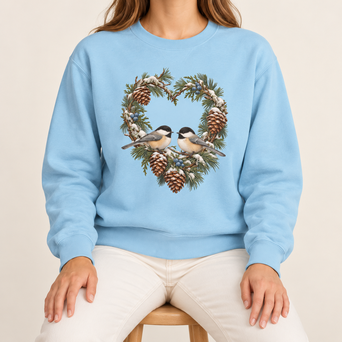 Chickadee heart wreath sweatshirt in Chambray – a pair of chickadees on a snowy pine heart wreath with pinecones, printed large on the chest of a Comfort Colors crewneck