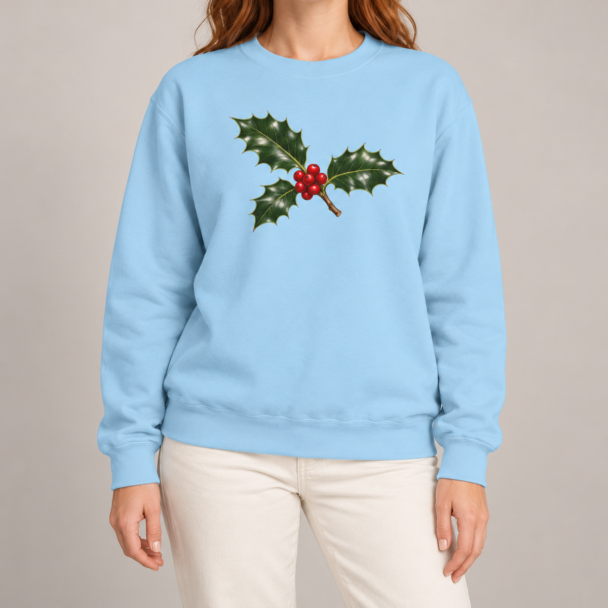Holly sweatshirt in Chambray worn, botanical holly print