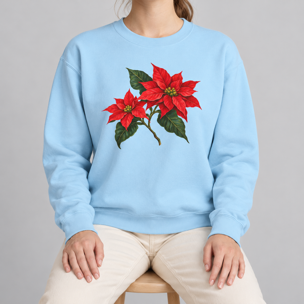Poinsettia sweatshirt in Chambray worn, botanical poinsettia print