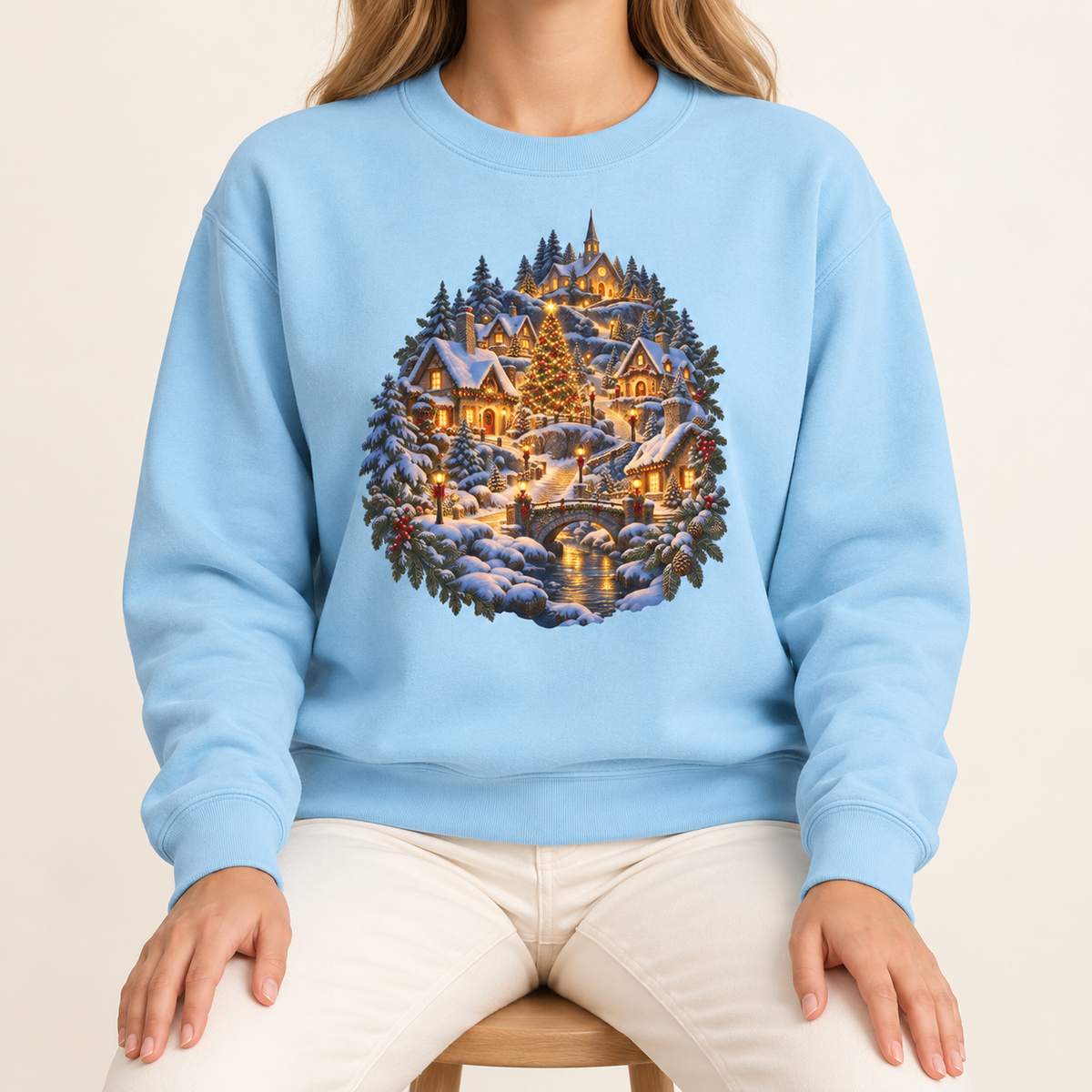 Small town Christmas sweatshirt in Chambray: a snowy hillside village with a lit church, Christmas tree and stone bridge, on a muted mid-blue garment-dyed Comfort Colors crewneck
