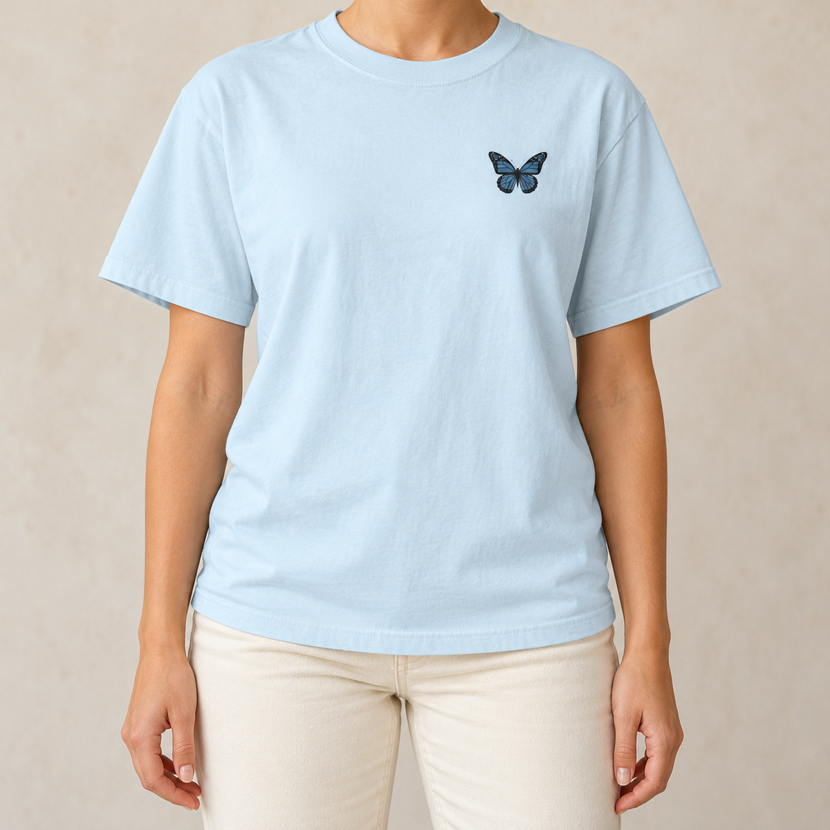Monarch Butterfly Front and Back T-Shirt in Chambray, front view - small monarch at the chest