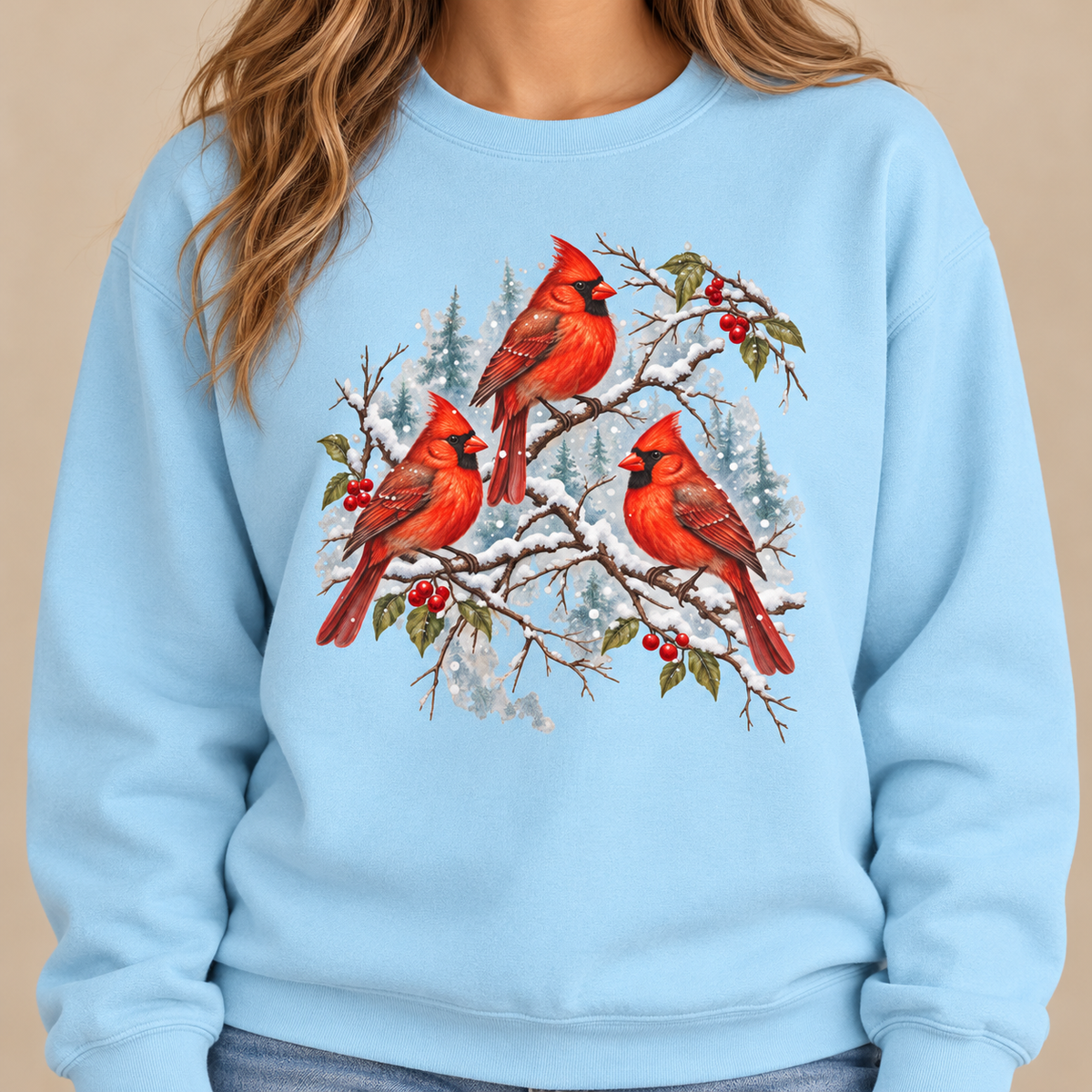 Chambray crewneck with cardinal trio - Three Snowy Cardinals on Berry Branches Sweatshirt in pale blue