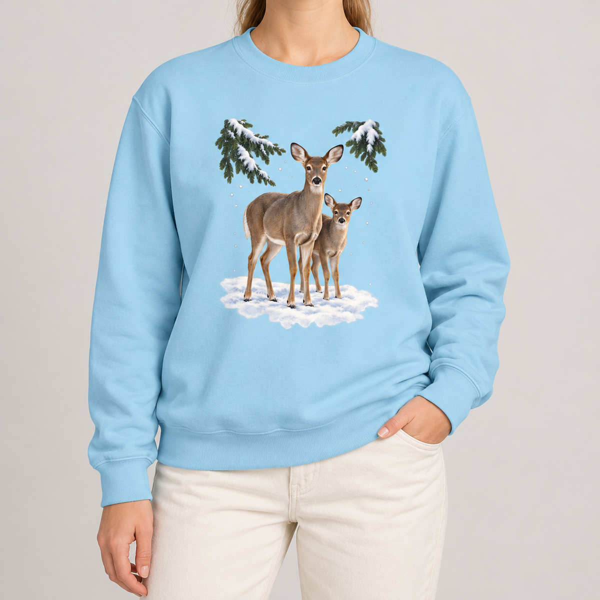 Winter Deer sweatshirt in Chambray, worn, doe and fawn in the snow print