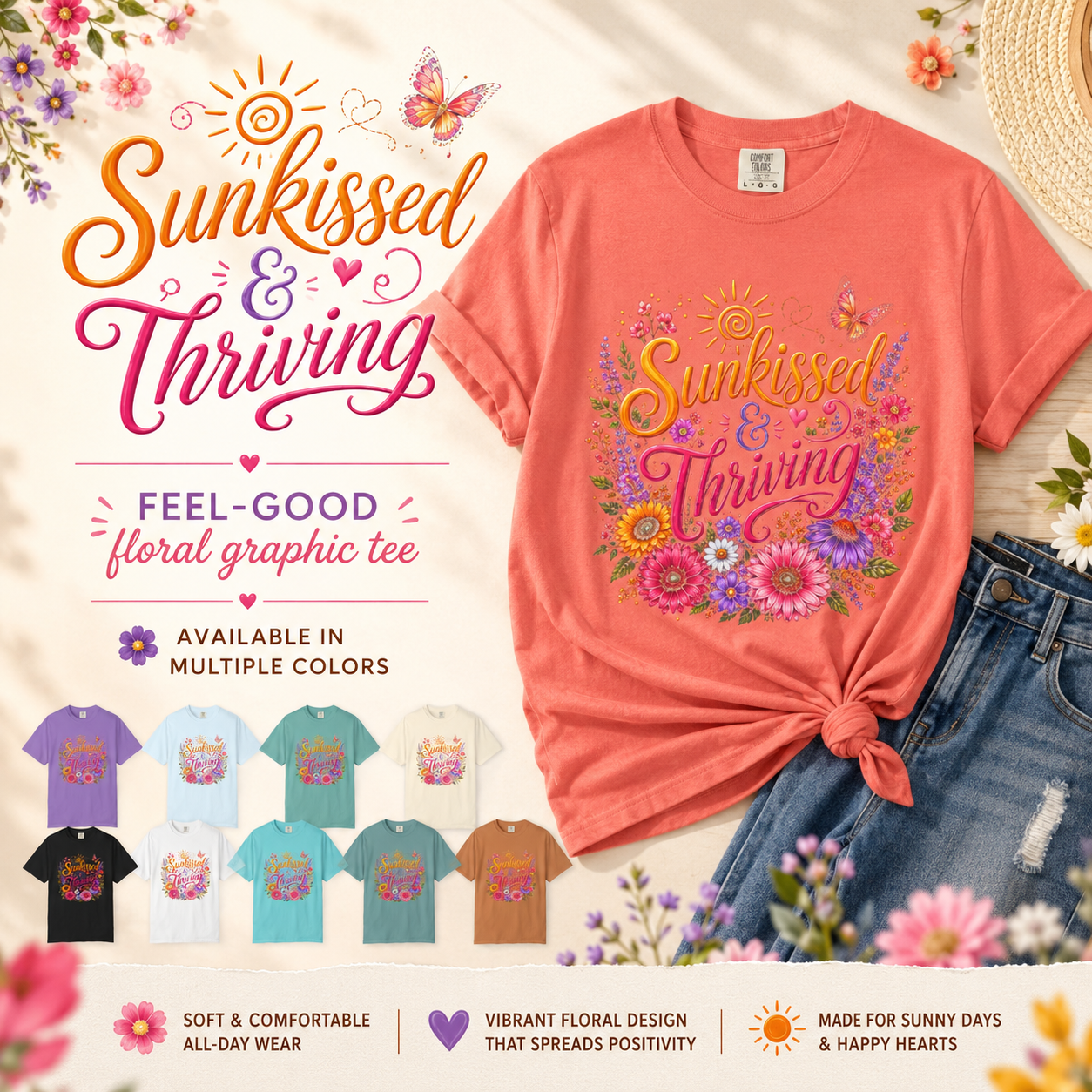 Sunkissed & Thriving - Retro Floral Summer Tee