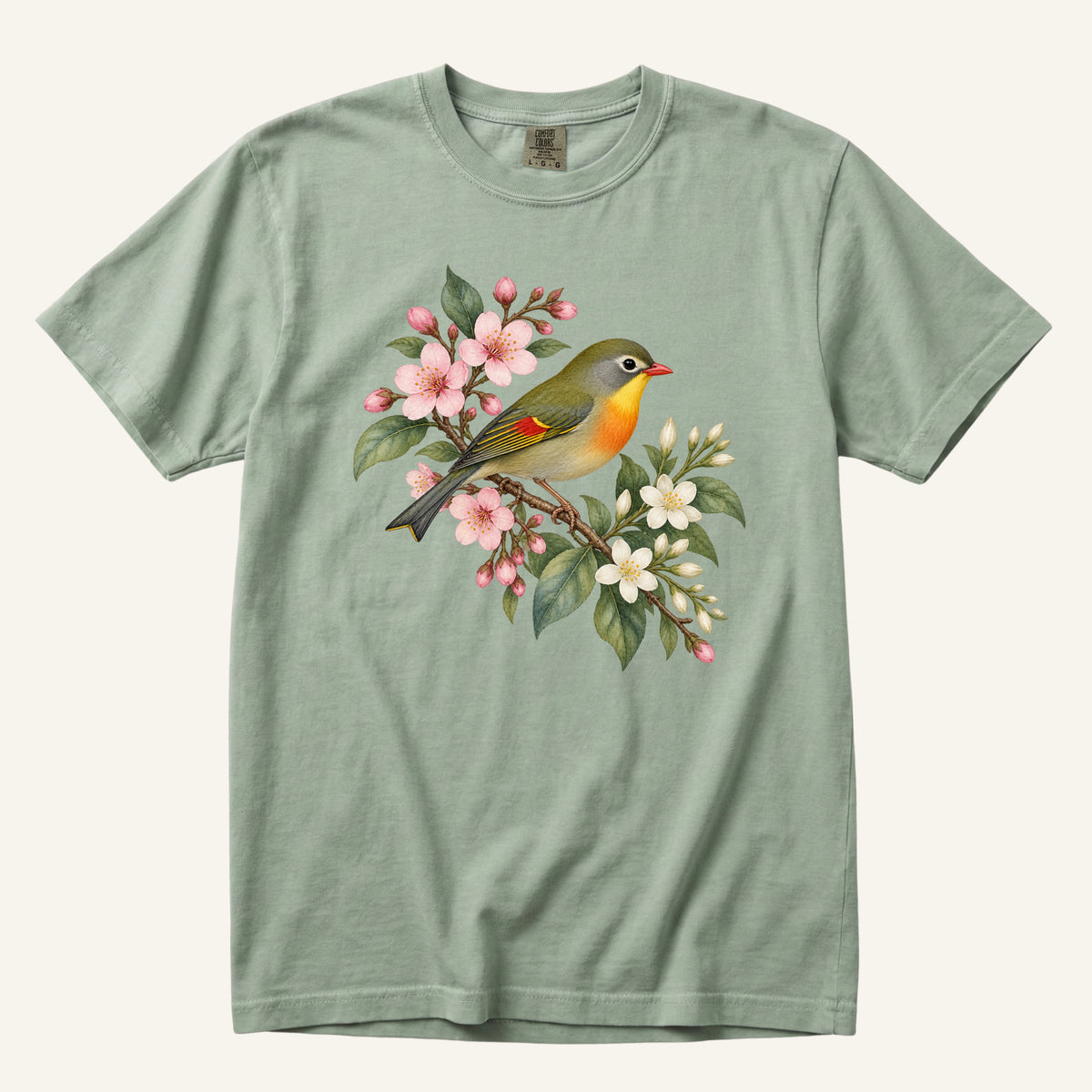 Cherry Blossom Bird T-Shirt in Bay — olive-feathered bird with pink cherry blossoms and white flowers