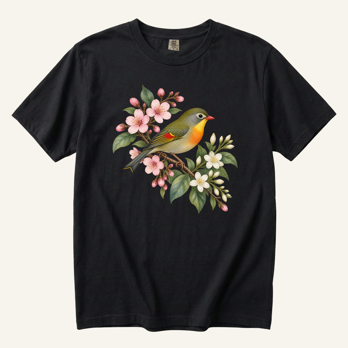 Cherry Blossom Bird T-Shirt in Black — a red-billed leiothrix among pink cherry blossoms on garment-dyed cotton