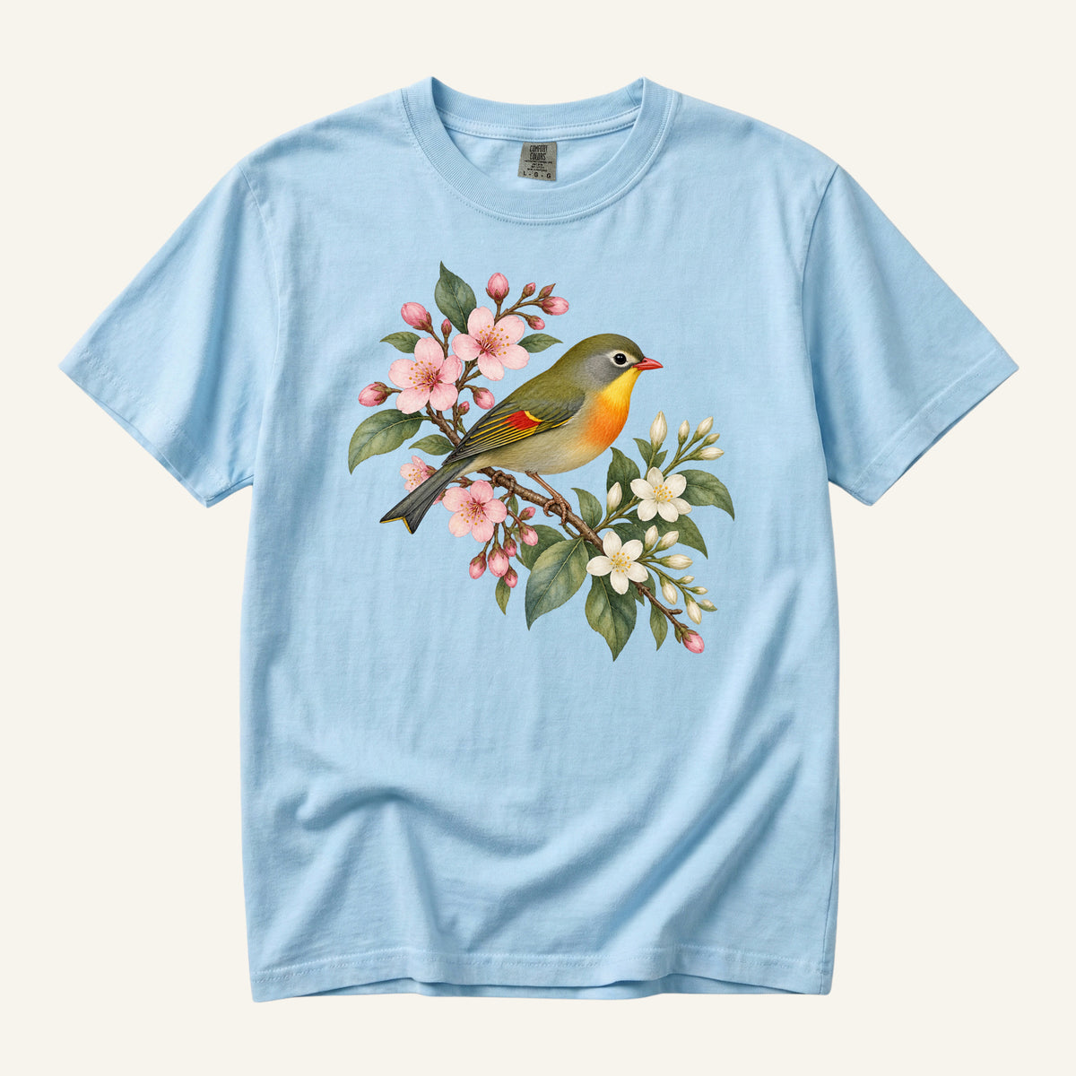 Cherry Blossom Bird T-Shirt in Chambray — spring botanical bird tee on heavyweight garment-dyed cotton