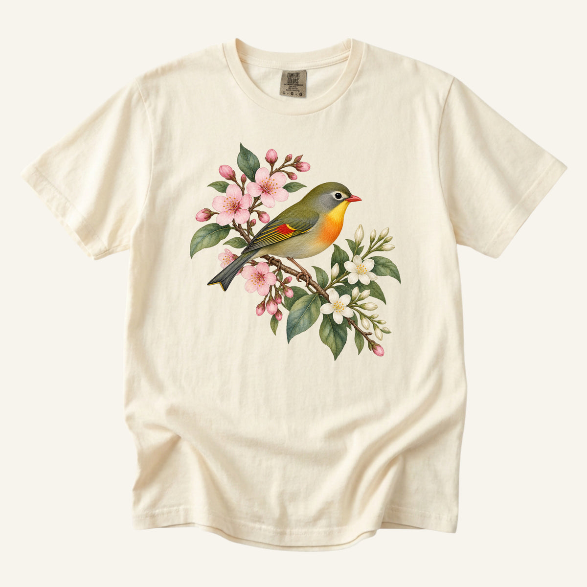 Cherry Blossom Bird T-Shirt in Ivory — red-billed leiothrix and cherry blossom watercolor design