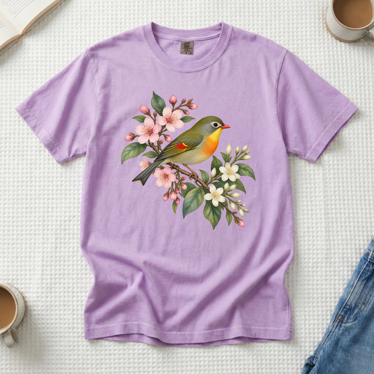 Cherry Blossom Bird T-Shirt in Orchid — bird lover gift tee, sizes S to 4XL, made to order in the USA