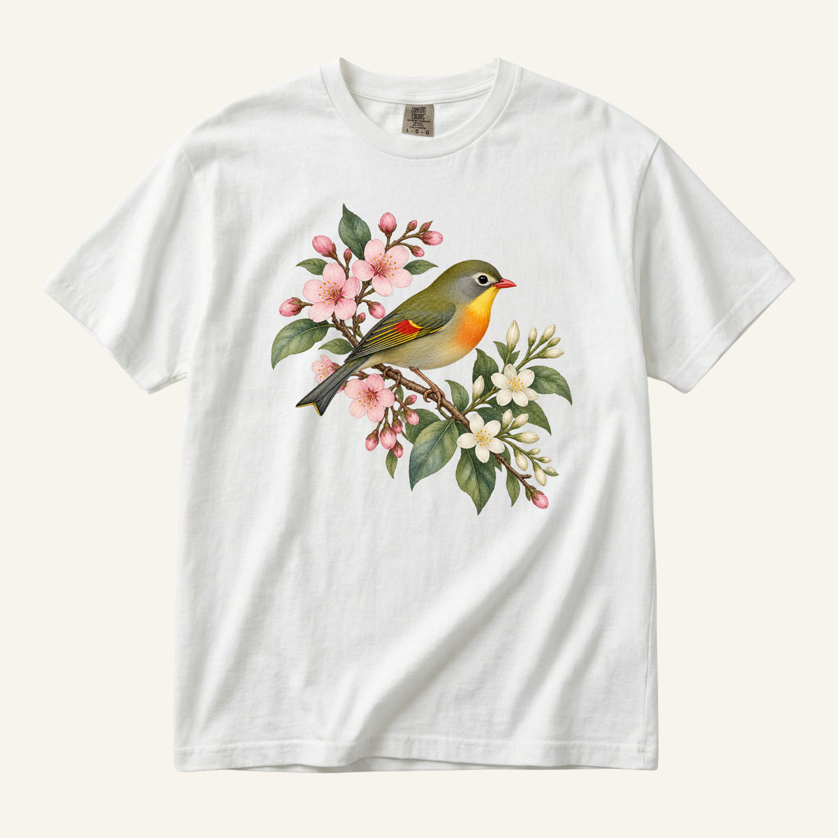 Cherry Blossom Bird T-Shirt in White — botanical bird and cherry blossom artwork, centered front print