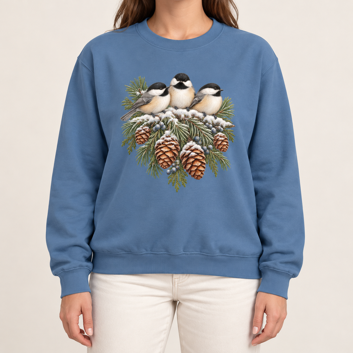 Three chickadees on a Blue Jean garment-dyed Comfort Colors crewneck, snowy pinecone winter design
