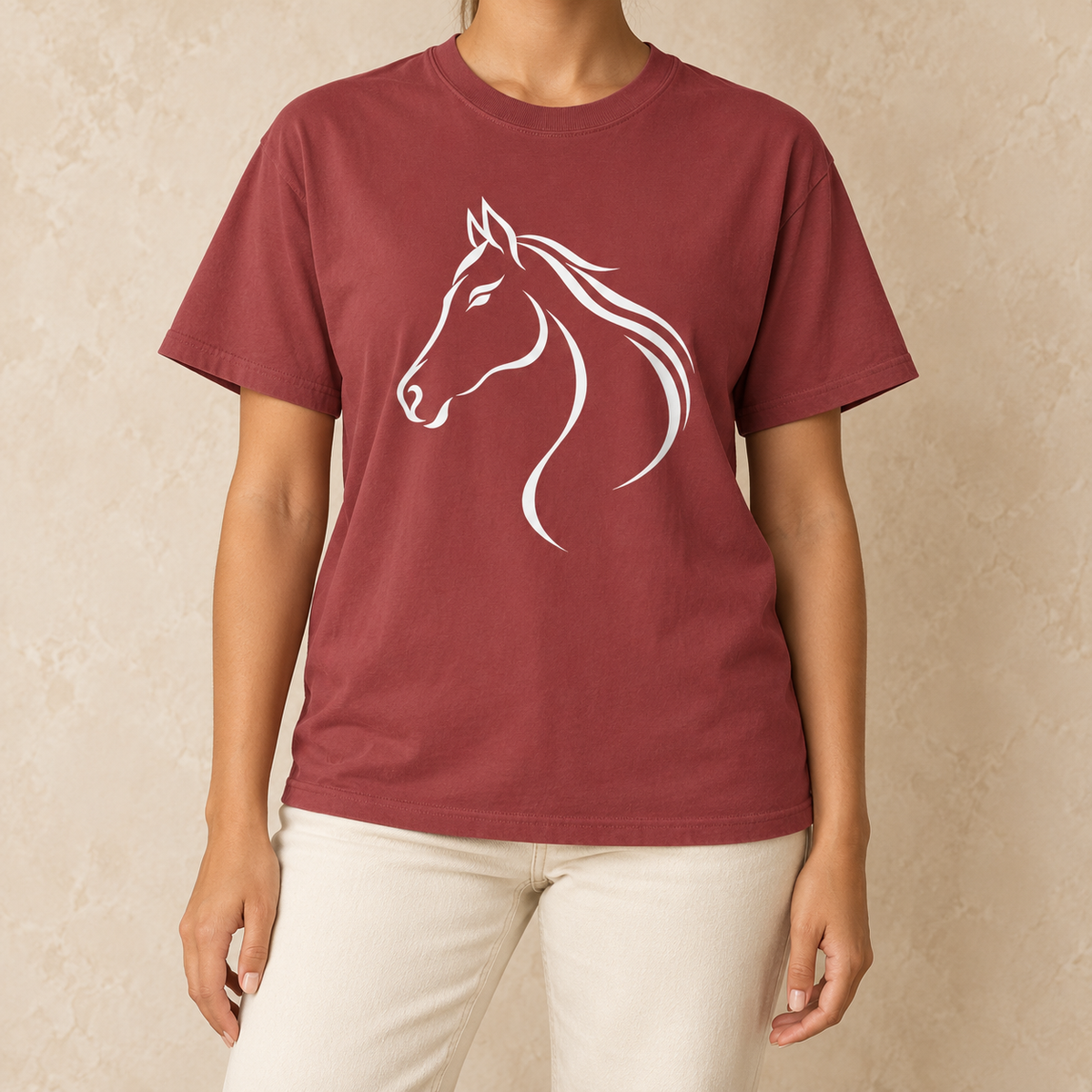 Flowing White Horse Profile T-Shirt in Chili - white line-art horse head on a muted barn red garment-dyed tee
