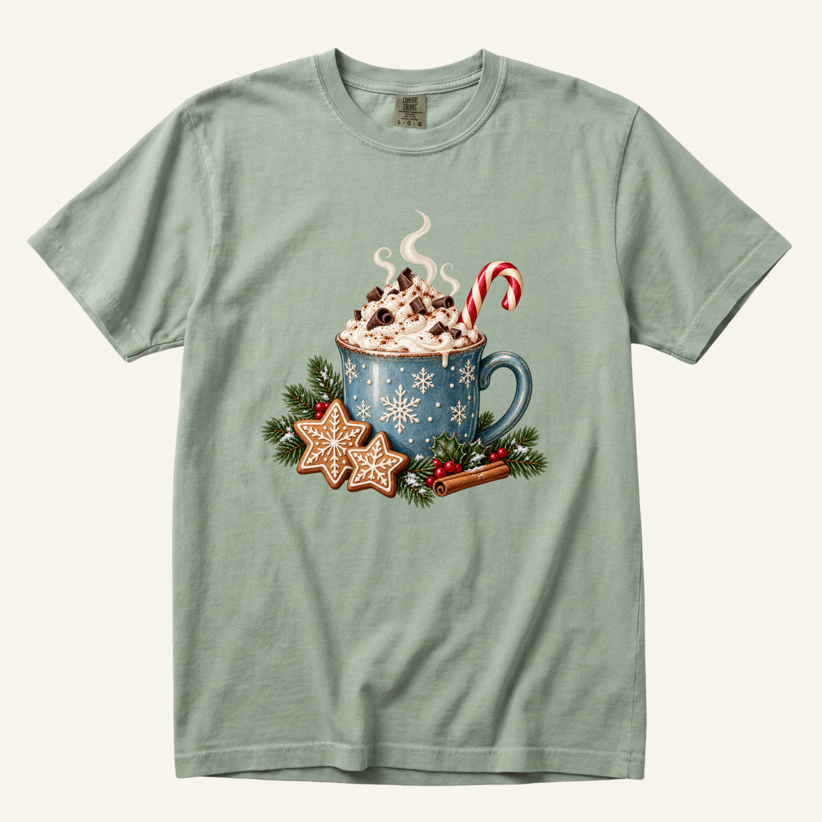 Christmas Hot Cocoa T-Shirt in Bay — a hot chocolate lover gift, sizes S to 4XL