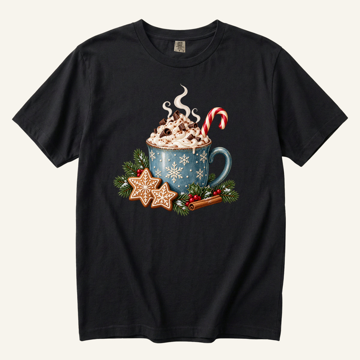 Christmas Hot Cocoa T-Shirt in Black — whipped cream and gold snowflakes with strong contrast
