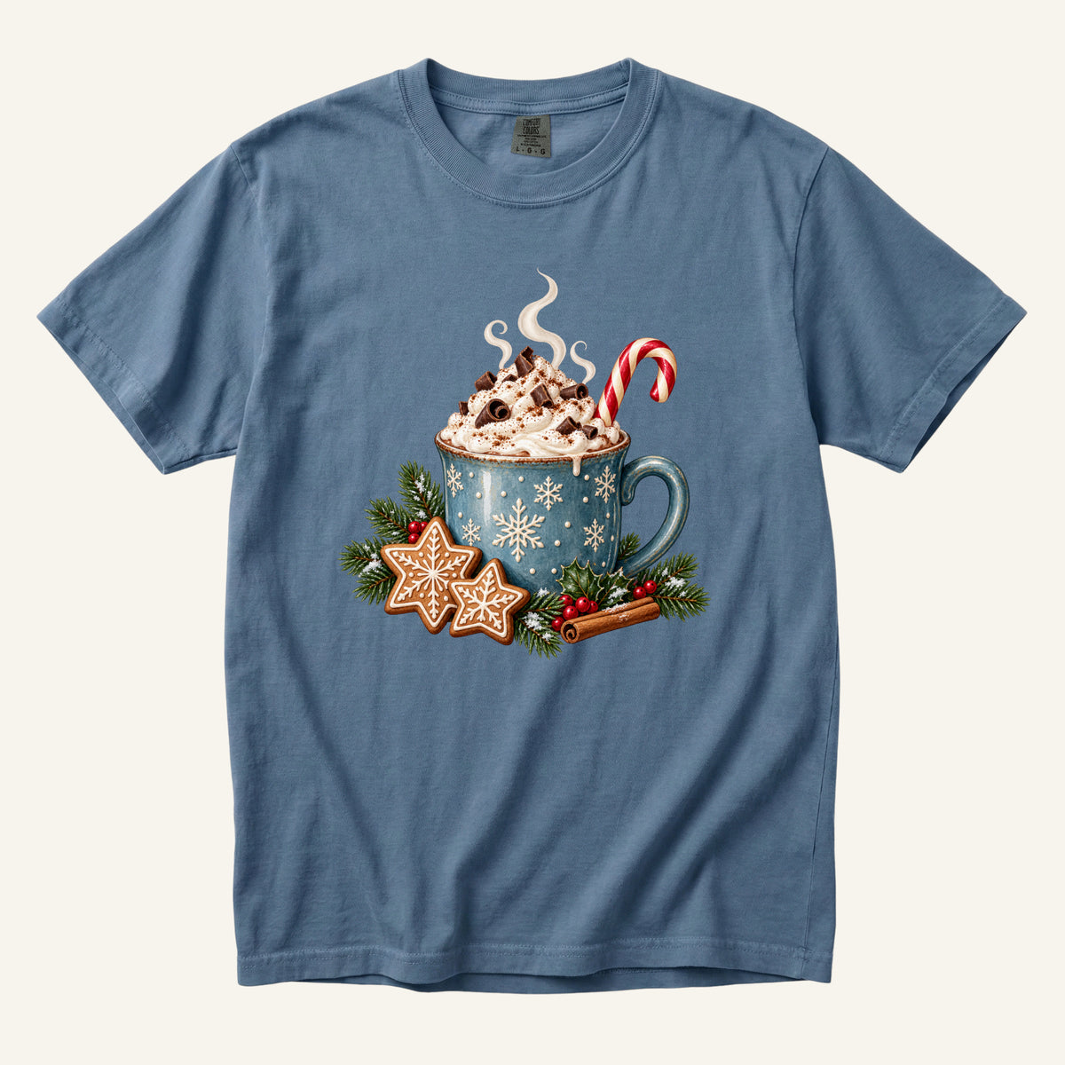Christmas Hot Cocoa T-Shirt in Blue Jean — the snowflake mug echoed in soft denim garment-dyed cotton