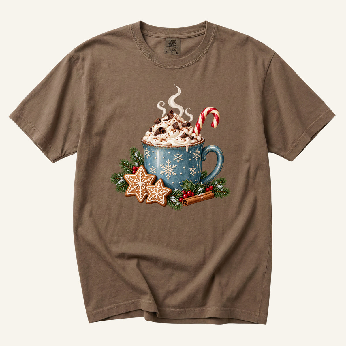 Christmas Hot Cocoa T-Shirt in Espresso — a blue snowflake mug of cocoa with whipped cream, gingerbread stars and evergreen