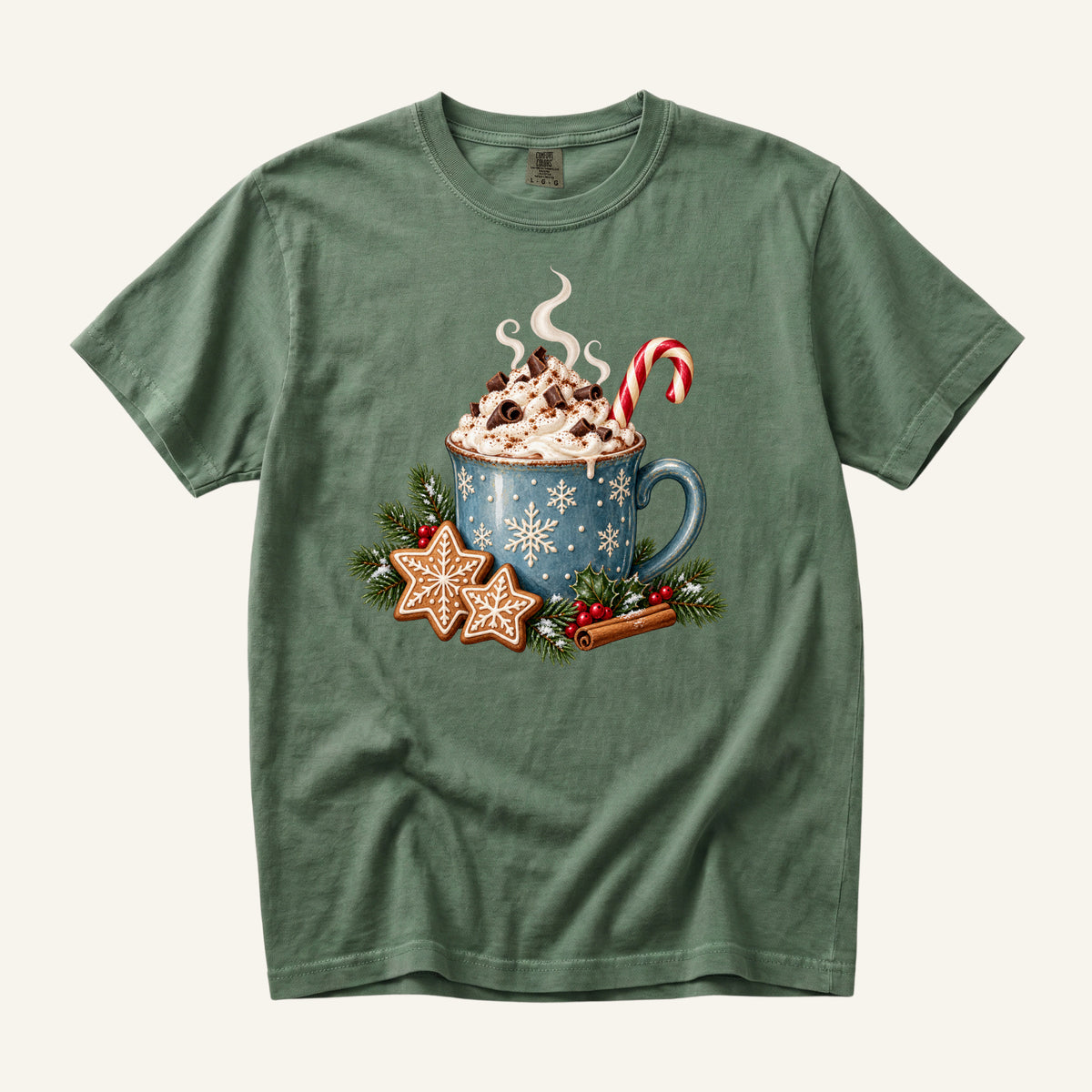 Christmas Hot Cocoa T-Shirt in Moss — cocoa, cinnamon sticks and red berries on deep green