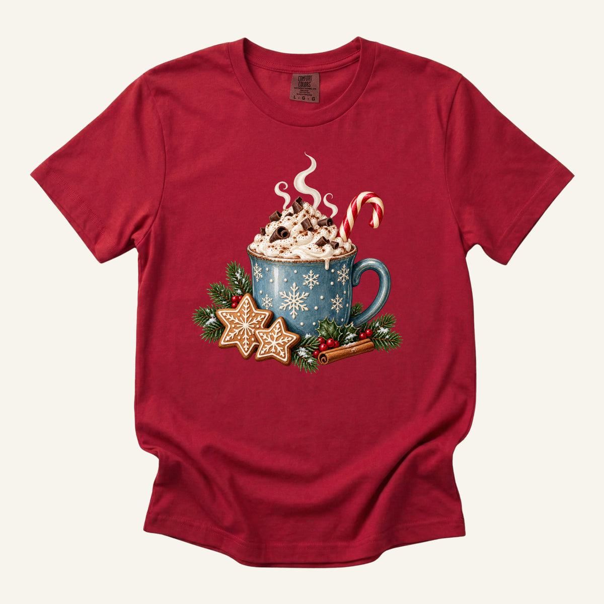 Christmas Hot Cocoa T-Shirt in Red — festive holiday baking tee, made to order in the USA