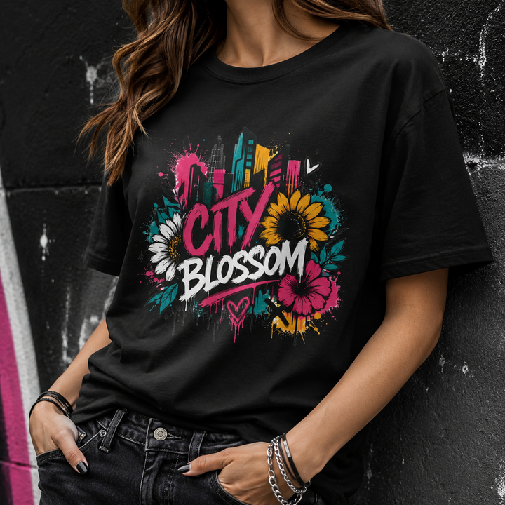 City Blossom graffiti tee — a bold spray-paint skyline bursting with sunflowers and hibiscus