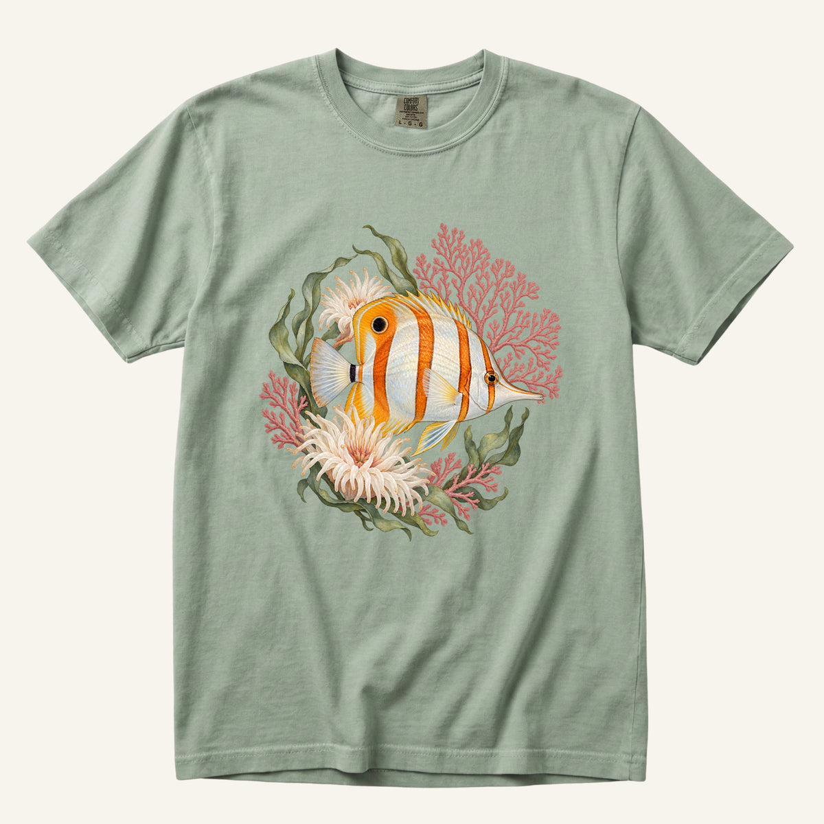 Copperband Butterflyfish T-Shirt in Bay — coastal reef tee, sizes S to 4XL, made to order in the USA