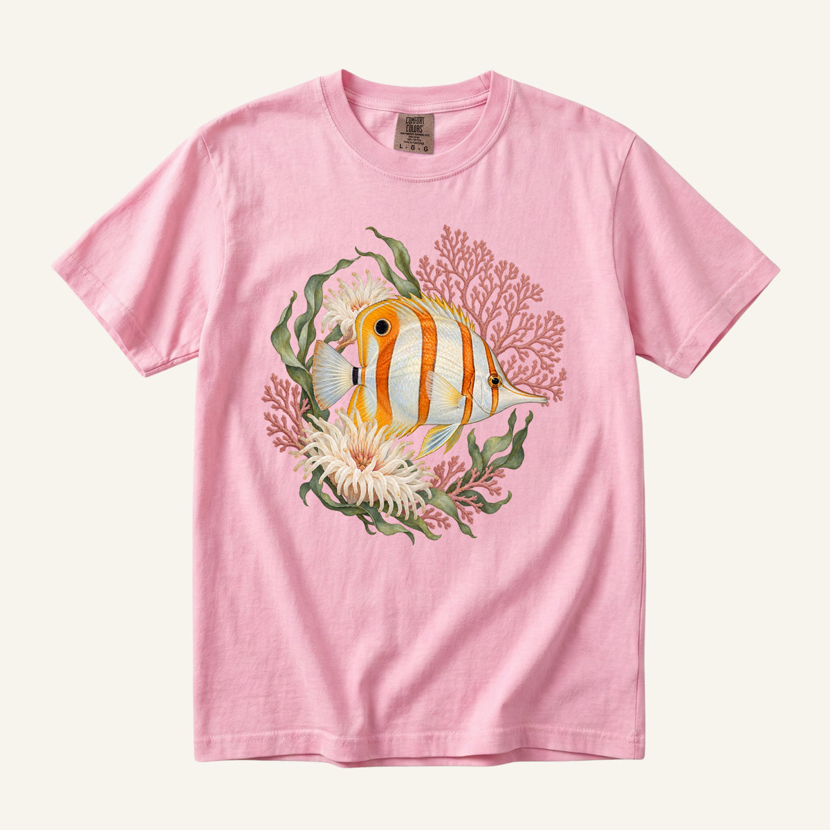 Copperband Butterflyfish T-Shirt in Blossom — reef fish and coral botanical design on garment-dyed cotton
