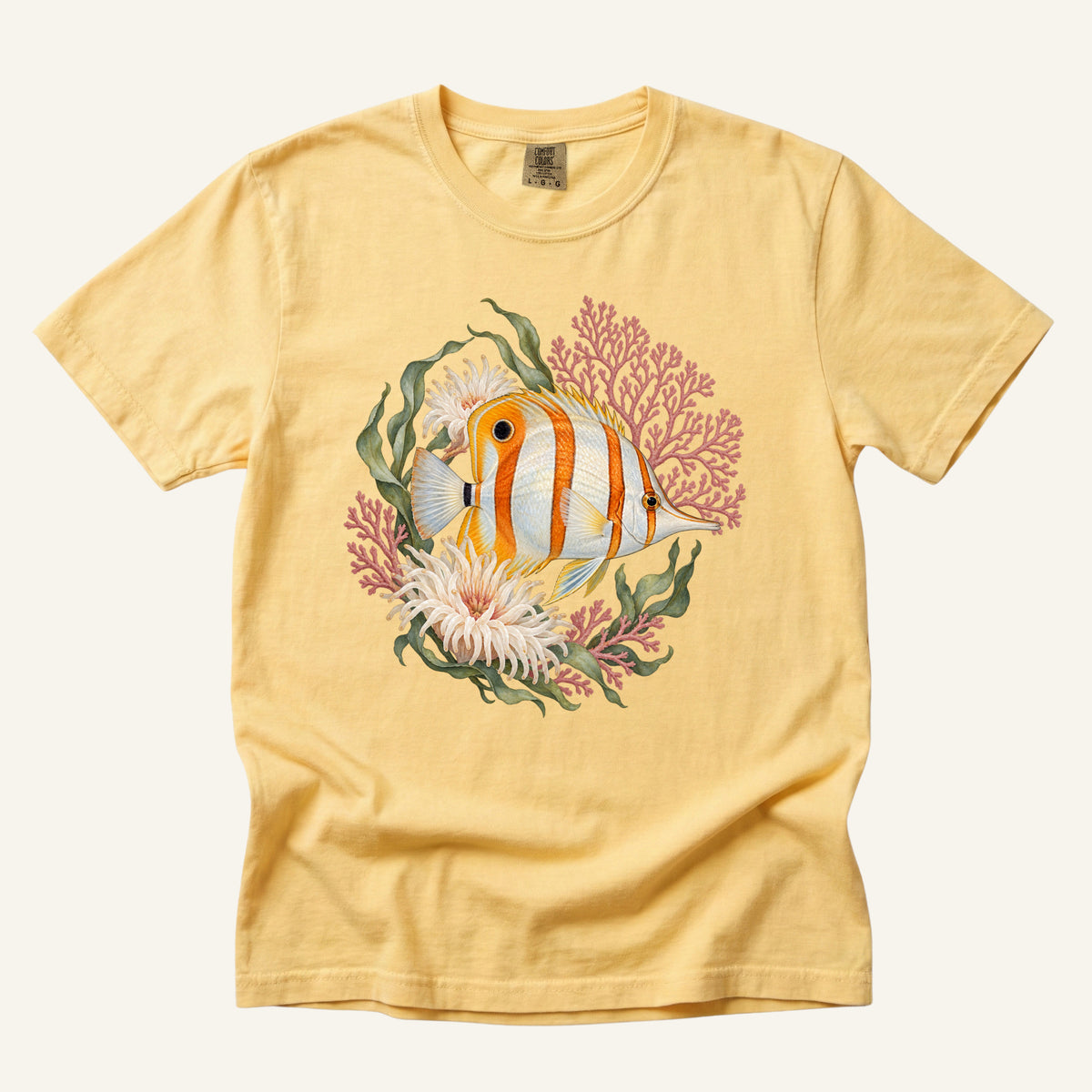 Copperband Butterflyfish T-Shirt in Butter — reef fish design on heavyweight garment-dyed cotton