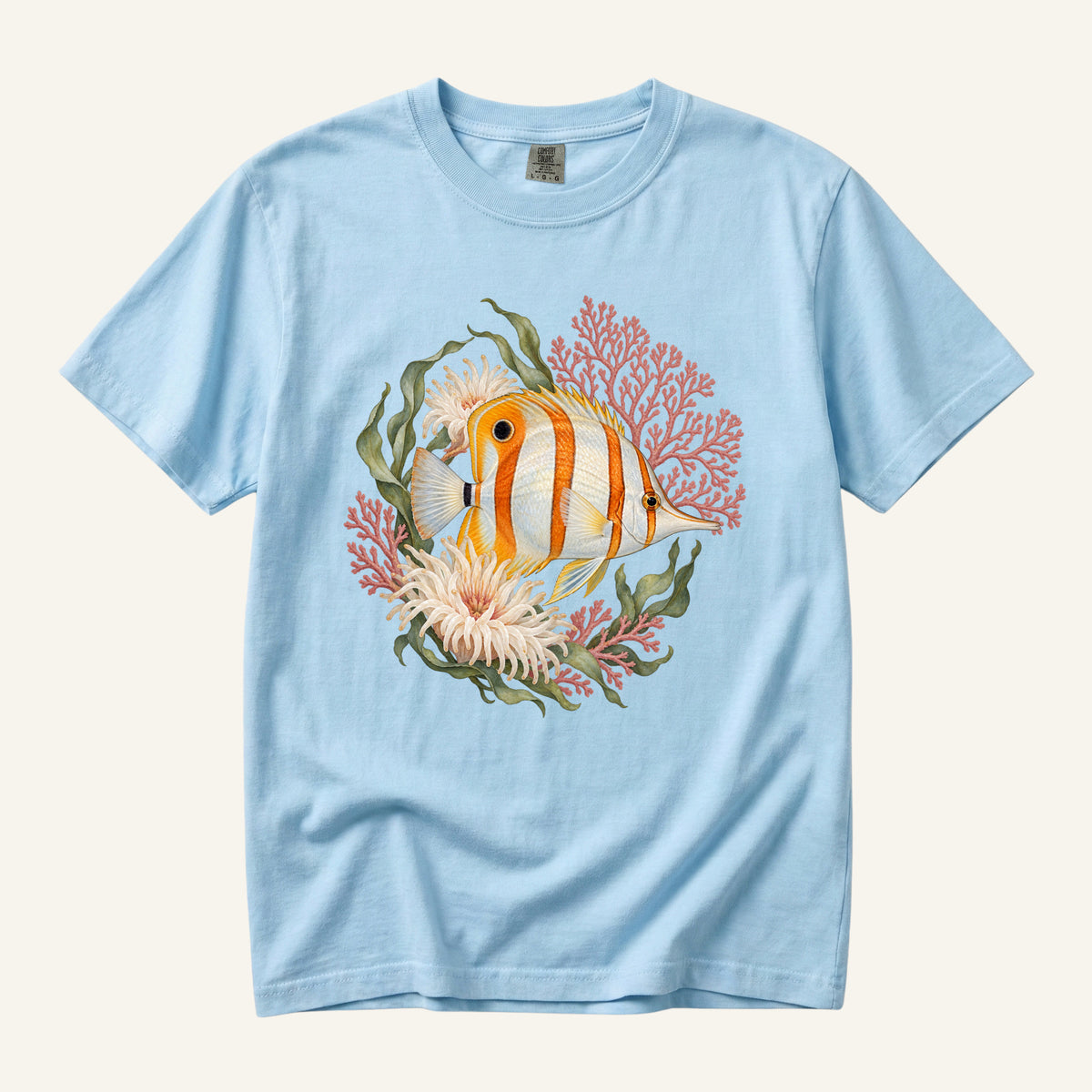 Copperband Butterflyfish T-Shirt in Chambray — butterflyfish and sea fan watercolor illustration
