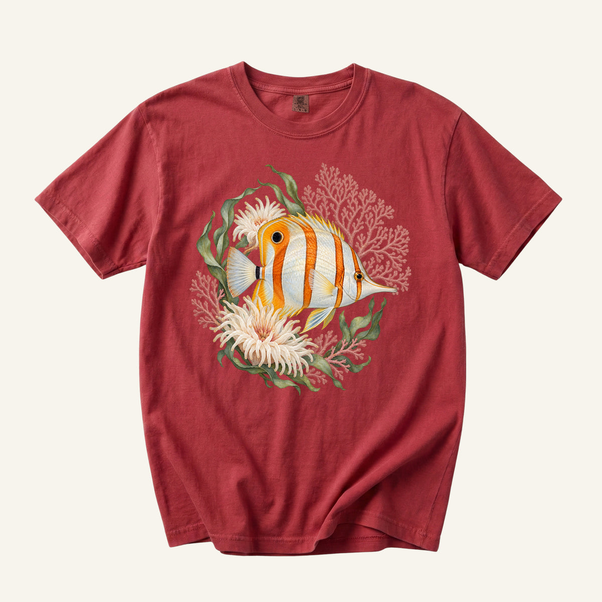 Copperband Butterflyfish T-Shirt in Chili — copperband butterflyfish among coral on garment-dyed cotton