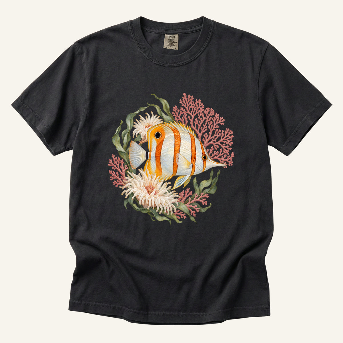 Copperband Butterflyfish T-Shirt in Graphite — reef fish and coral garden botanical print