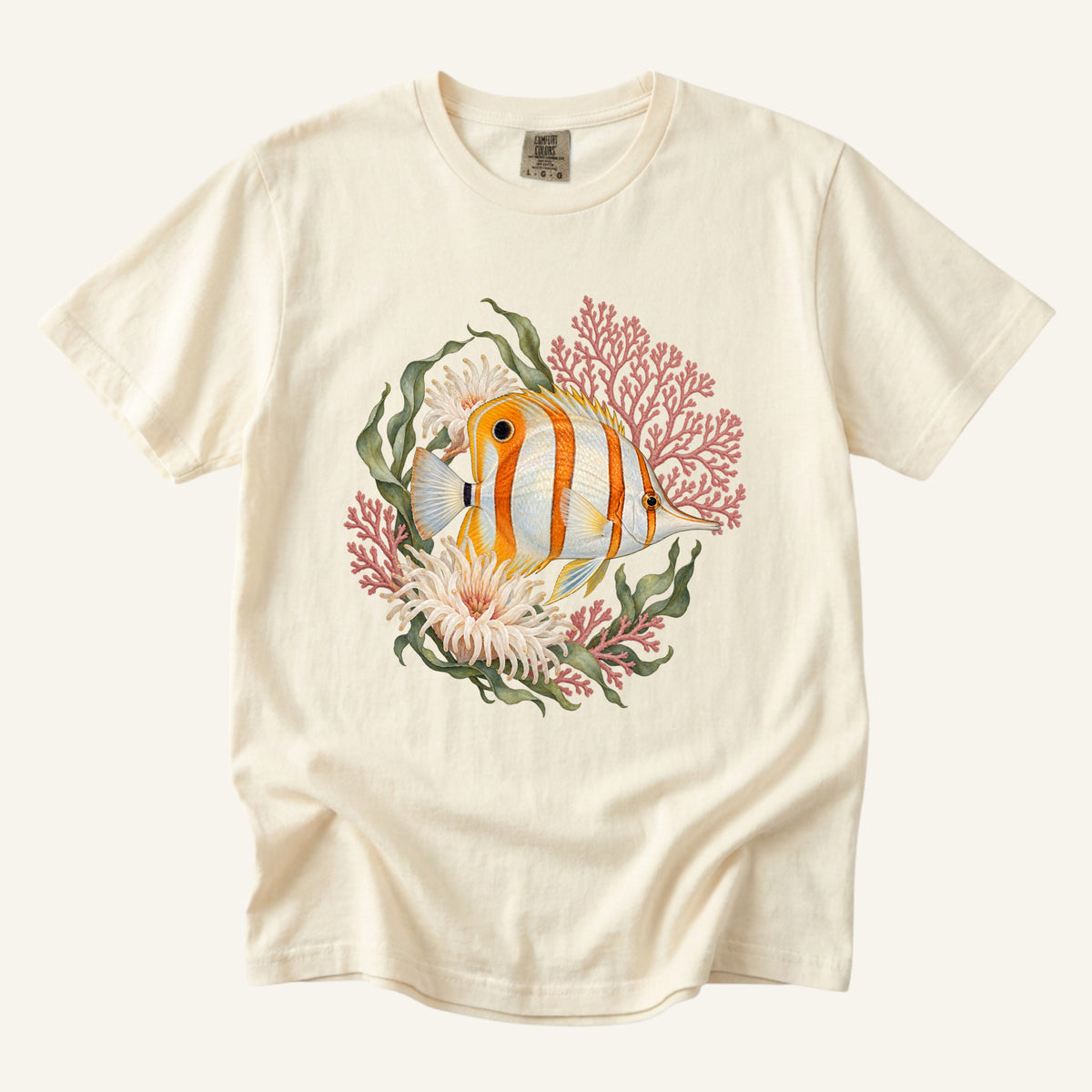 Copperband Butterflyfish T-Shirt in Ivory — copper-banded reef fish with coral garden artwork