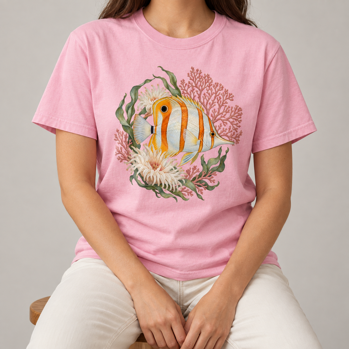 Copperband Butterflyfish T-Shirt — a copperband butterflyfish among coral and sea fans, front print