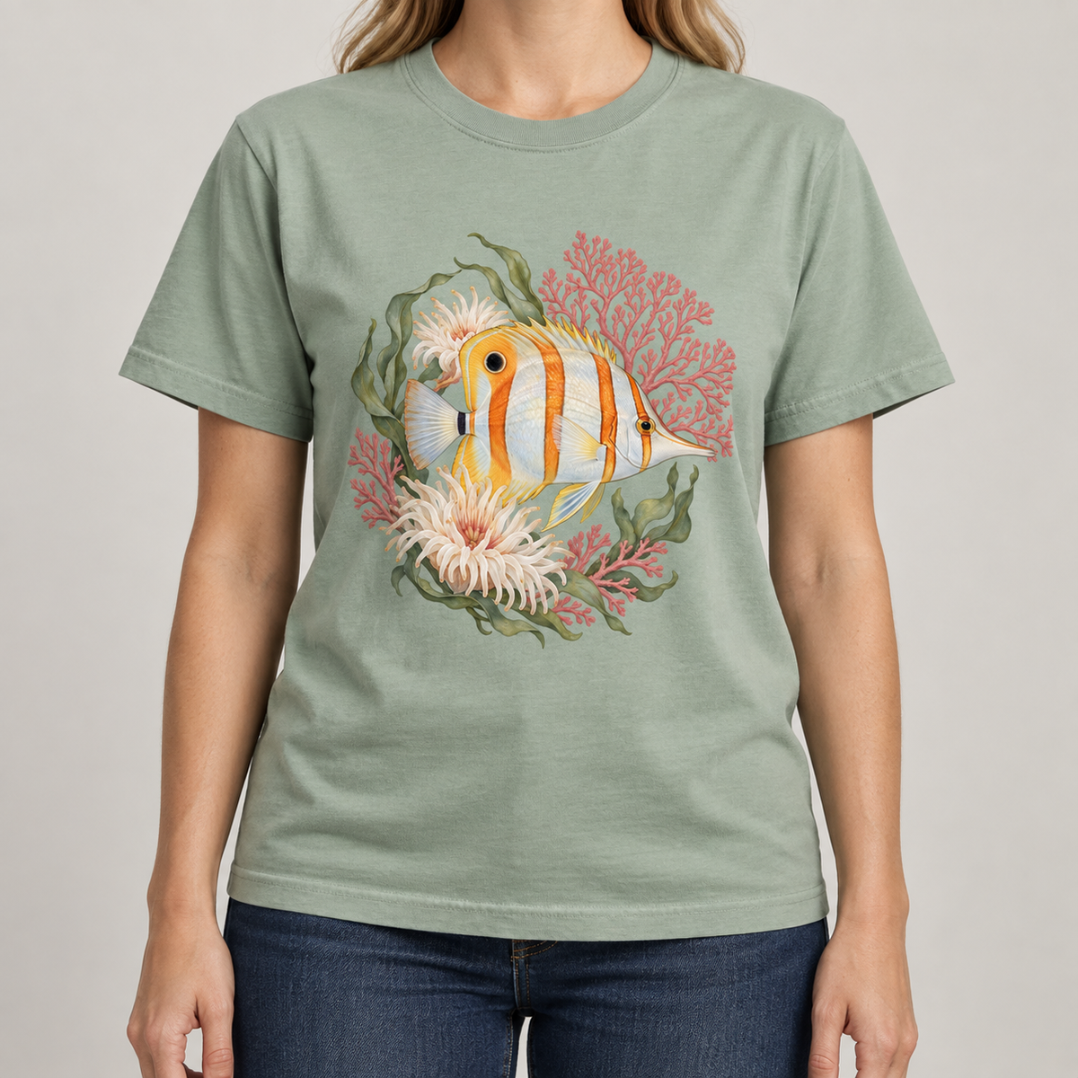 Copperband Butterflyfish T-Shirt — detail of the coral and sea fans