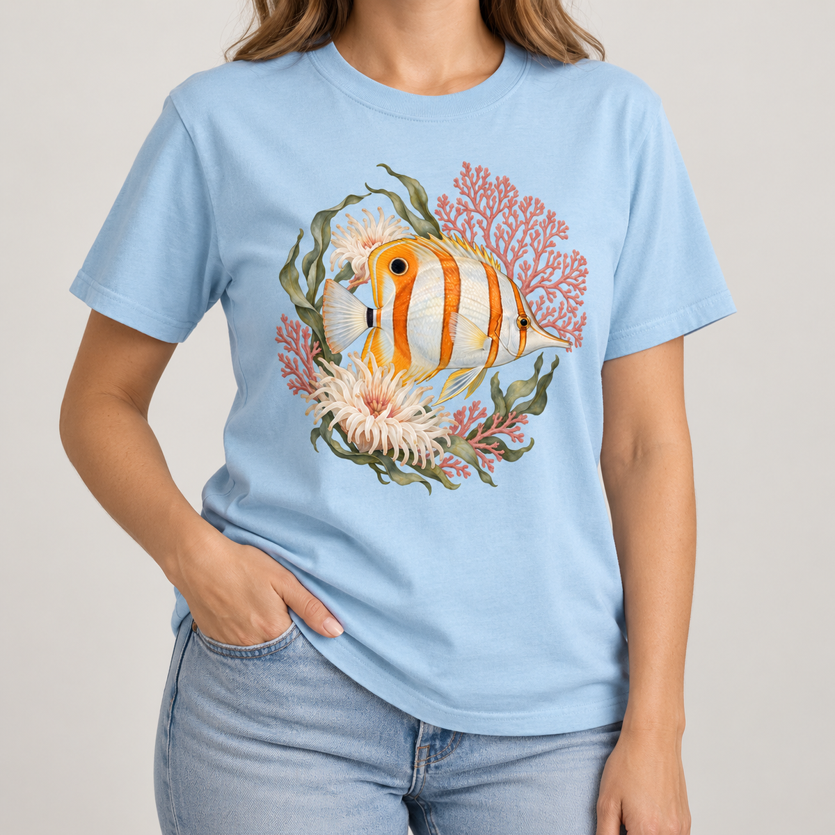 Copperband Butterflyfish T-Shirt — close view of the coral garden artwork