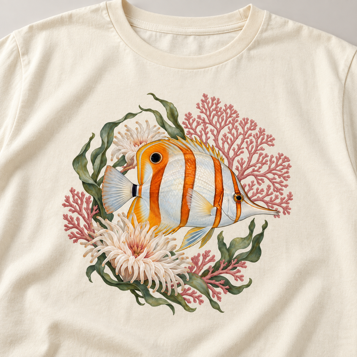 Copperband Butterflyfish T-Shirt — modelled front view of the coastal reef tee
