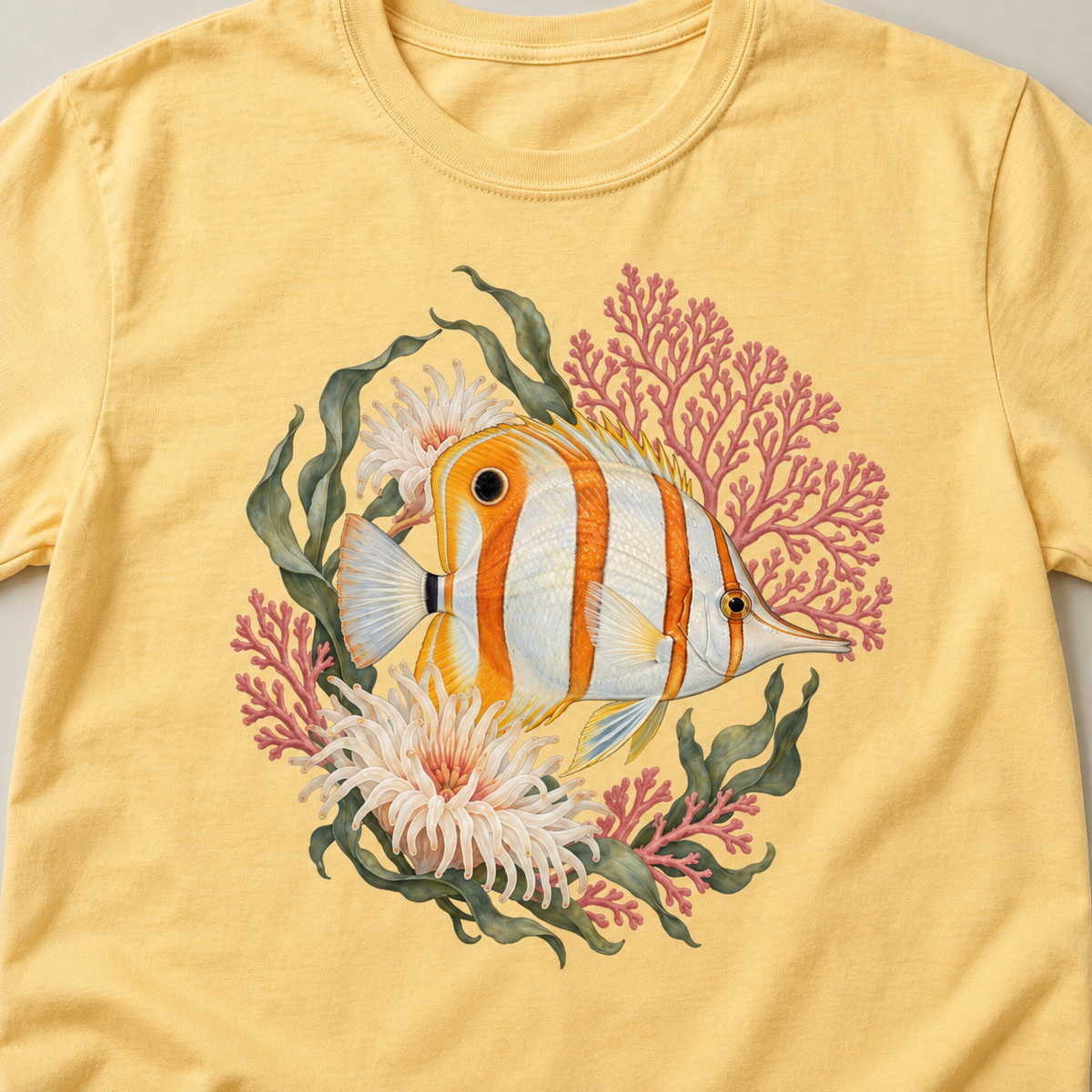 Copperband Butterflyfish T-Shirt — worn view of the butterflyfish design