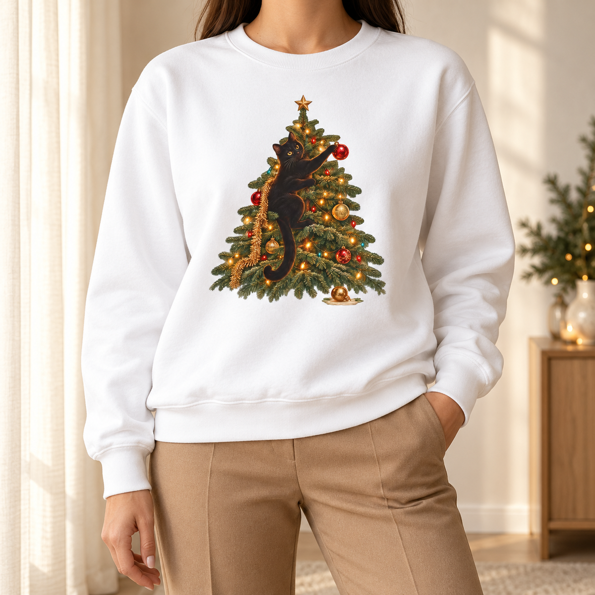 Cozy Christmas editorial – woman wearing the black cat Christmas sweatshirt in a holiday living room, painted cat climbing a lit tree on the chest