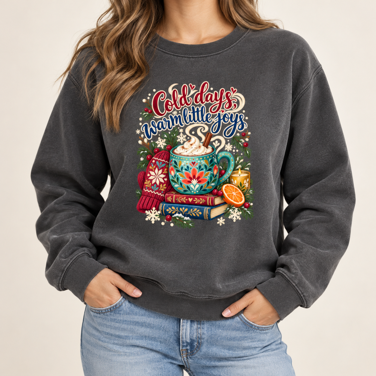 The cocoa and books print shown large and centered on the chest of the garment-dyed Comfort Colors crewneck sweatshirt, not a back print