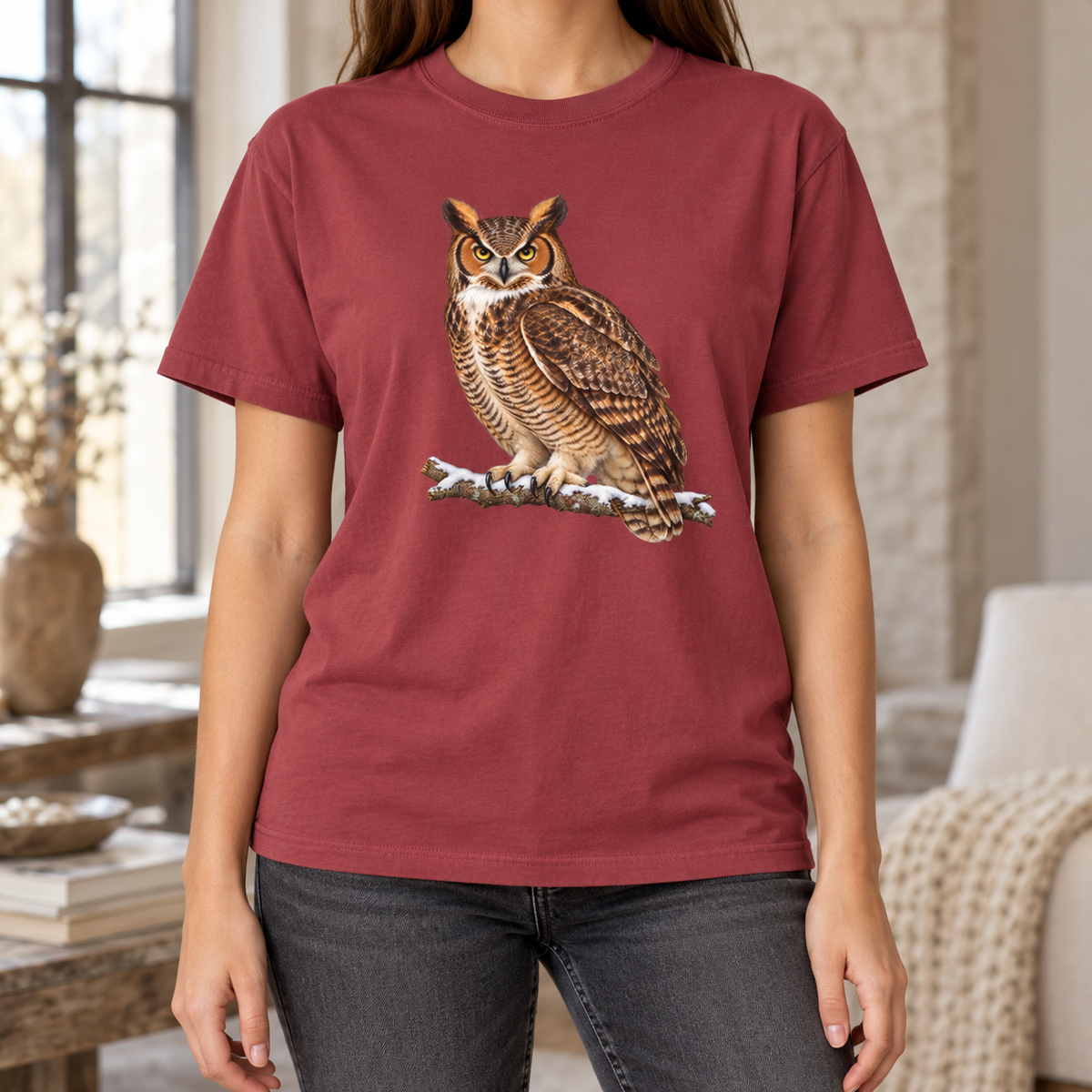 Great horned owl t-shirt in Chili worn by a woman – the owl on a deep washed red Comfort Colors tee