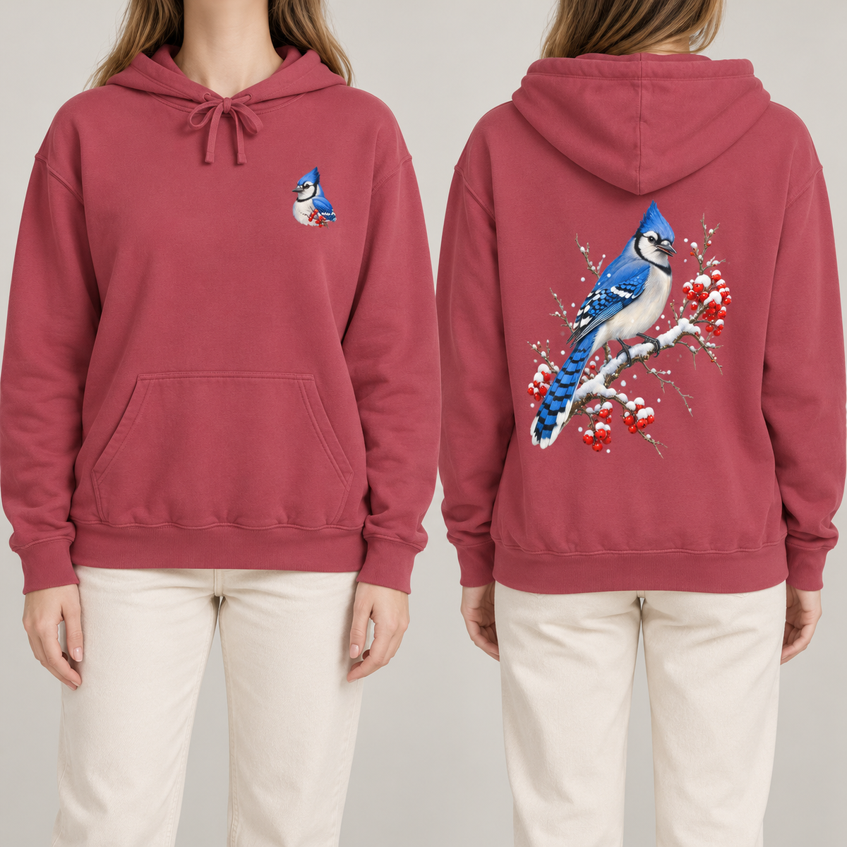 Blue Jay Winterberry hoodie in Crimson, front blue jay crest and back print