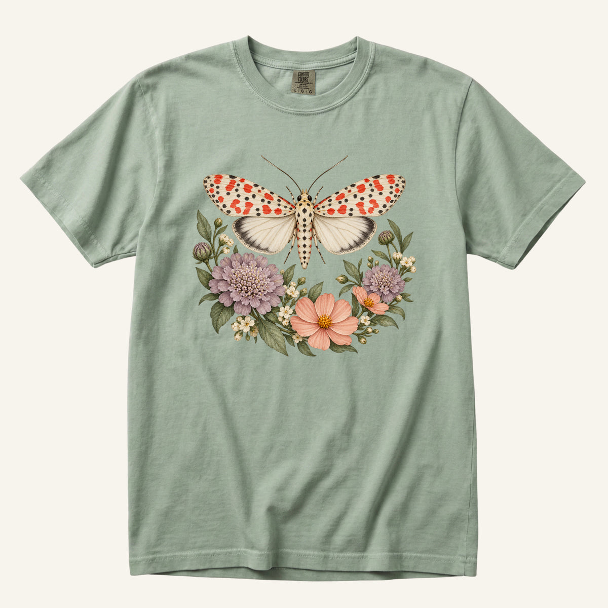 Moth T-Shirt in Bay — botanical moth and wildflower watercolor artwork, front print