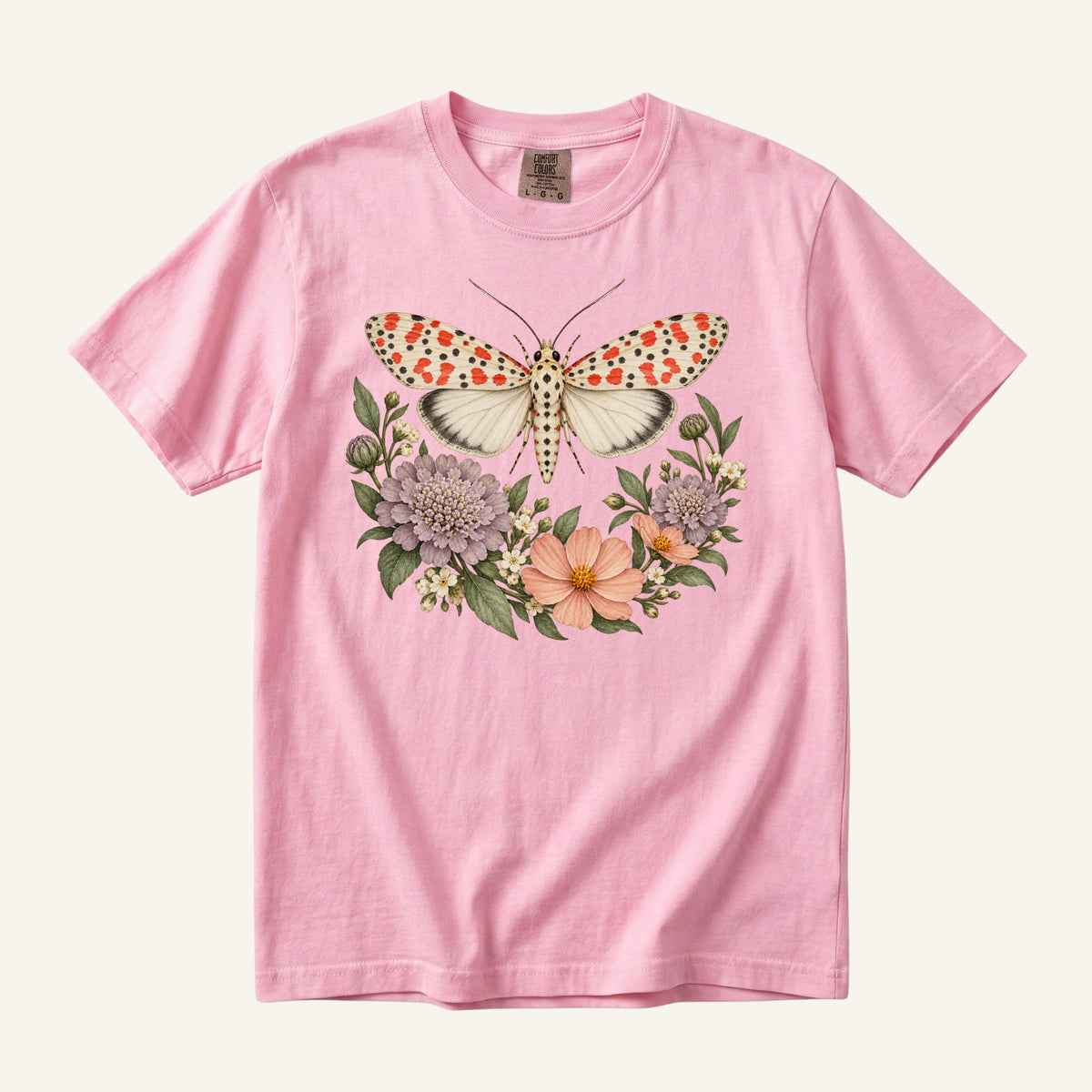 Moth T-Shirt in Blossom — crimson speckled moth botanical design on heavyweight cotton