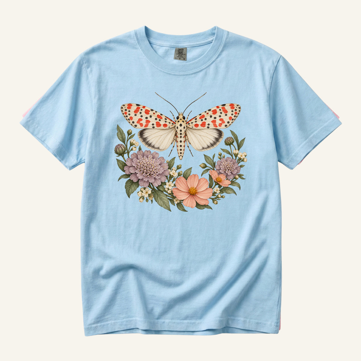Moth T-Shirt in Chambray — cottagecore moth and wildflower illustration, sizes S to 4XL
