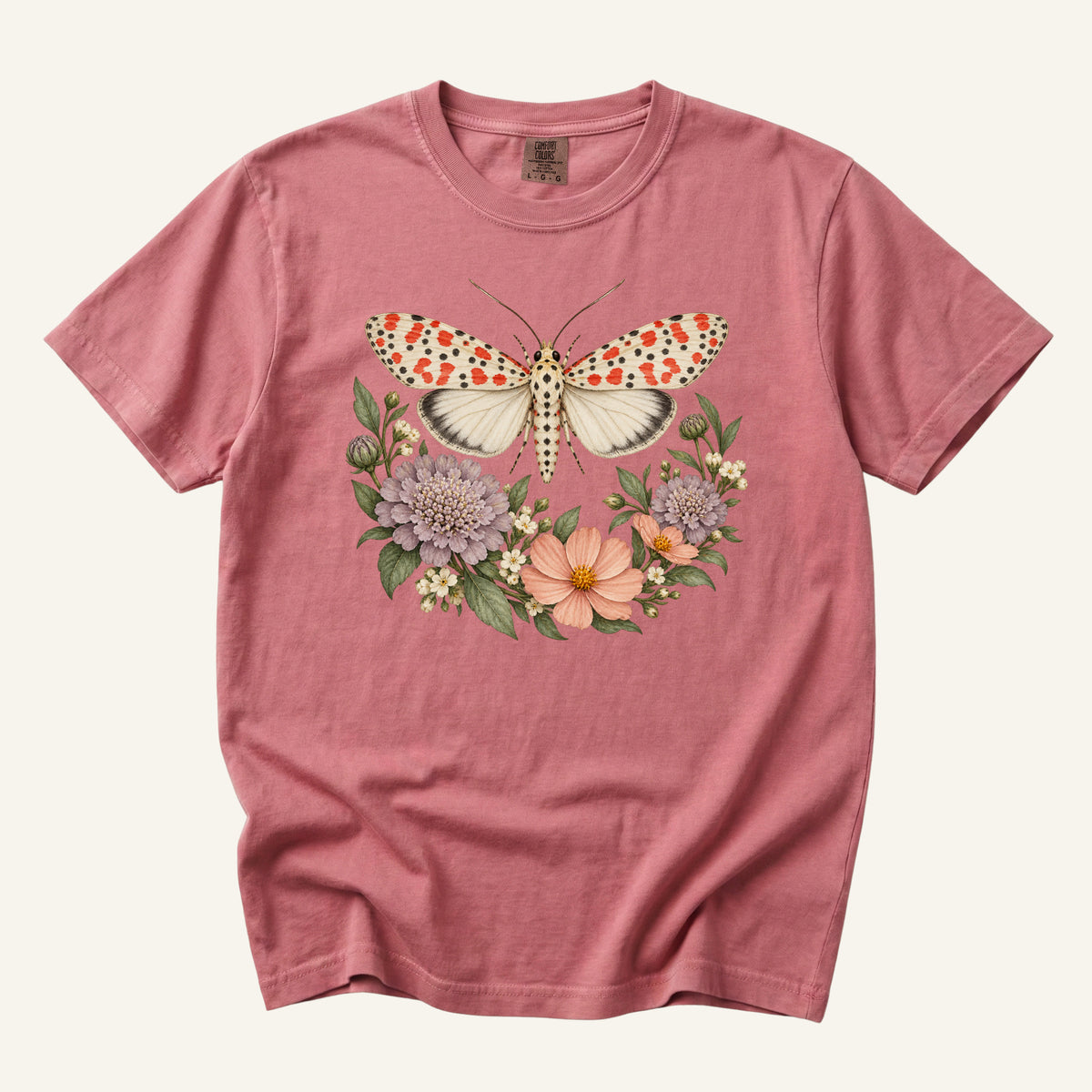 Moth T-Shirt in Crimson — cream moth spotted in black and scarlet with wildflowers