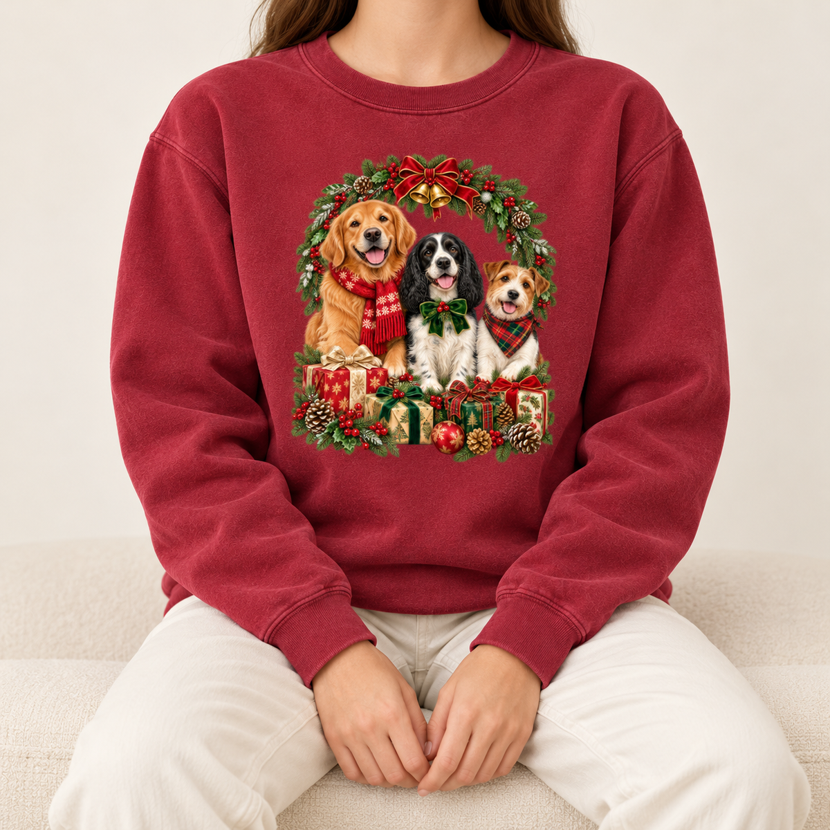 The three-dog Christmas wreath print shown on the Crimson garment-dyed Comfort Colors 1566 crewneck sweatshirt