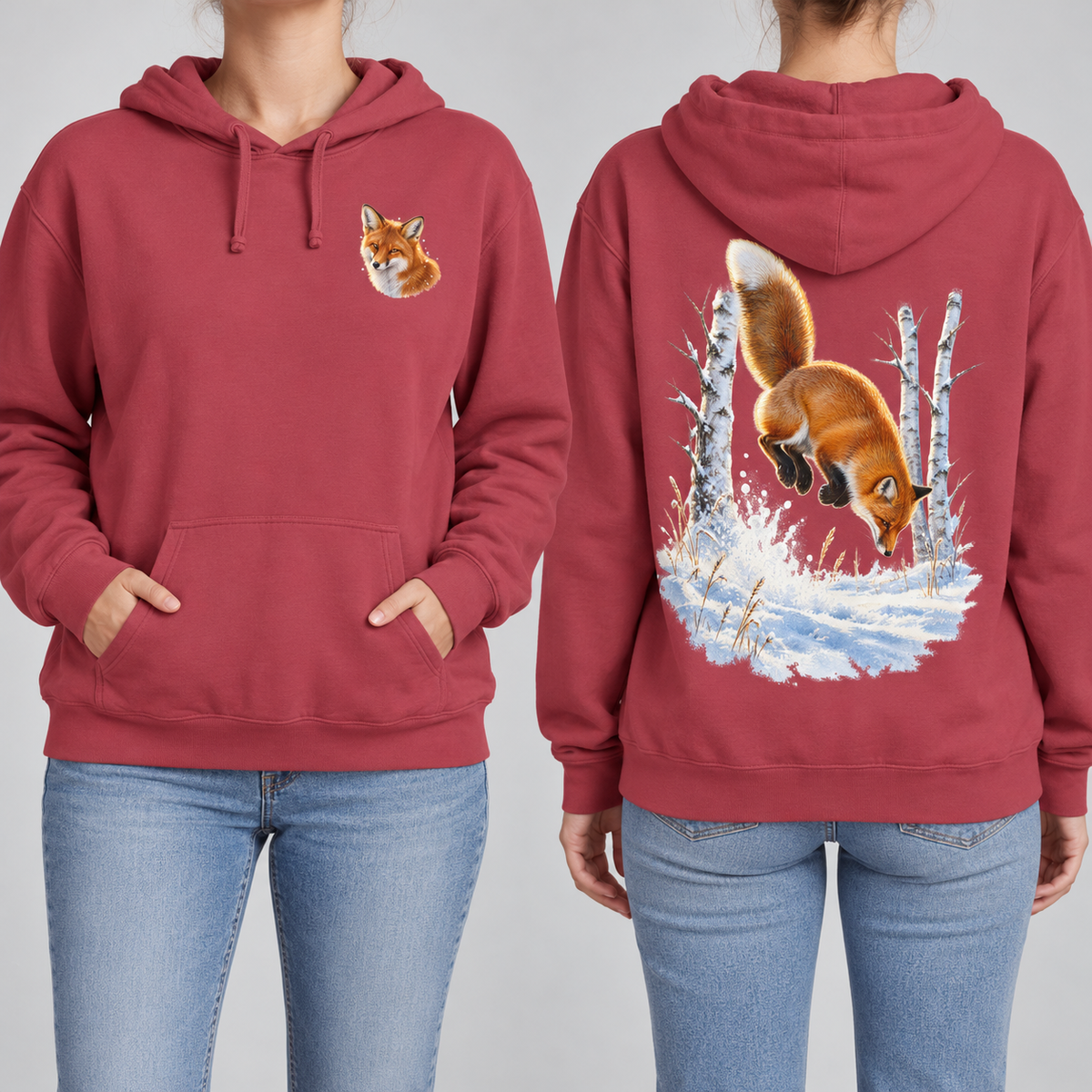Red Fox Pounce hoodie in Crimson, front fox crest and back pounce print