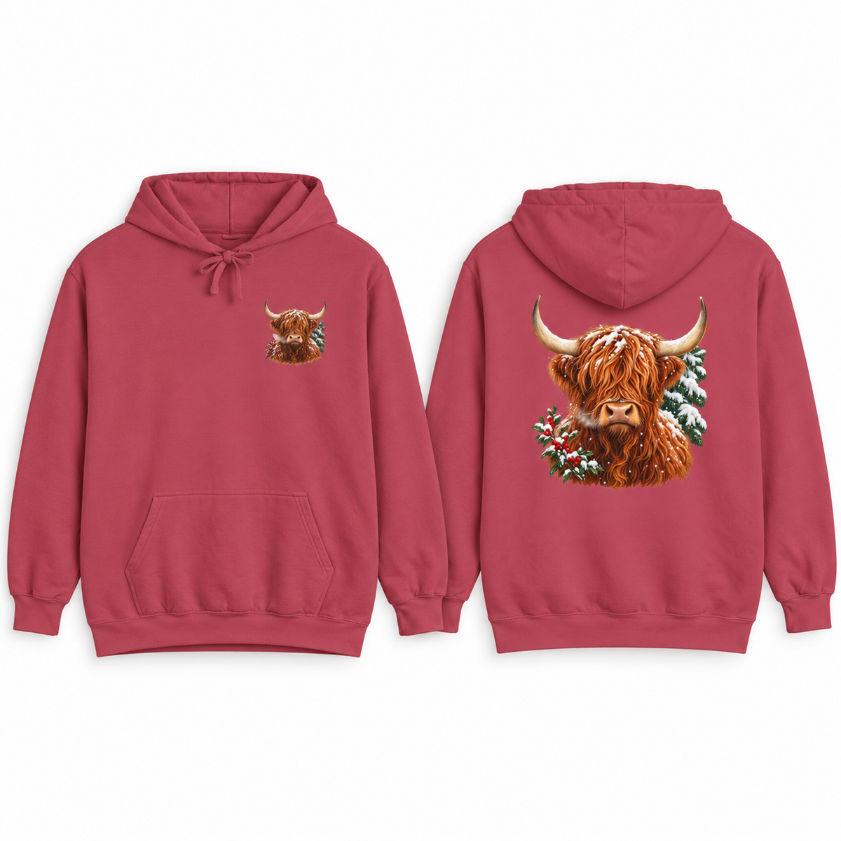 Winter Highland Cow hoodie in Crimson, front crest and back portrait shown side by side