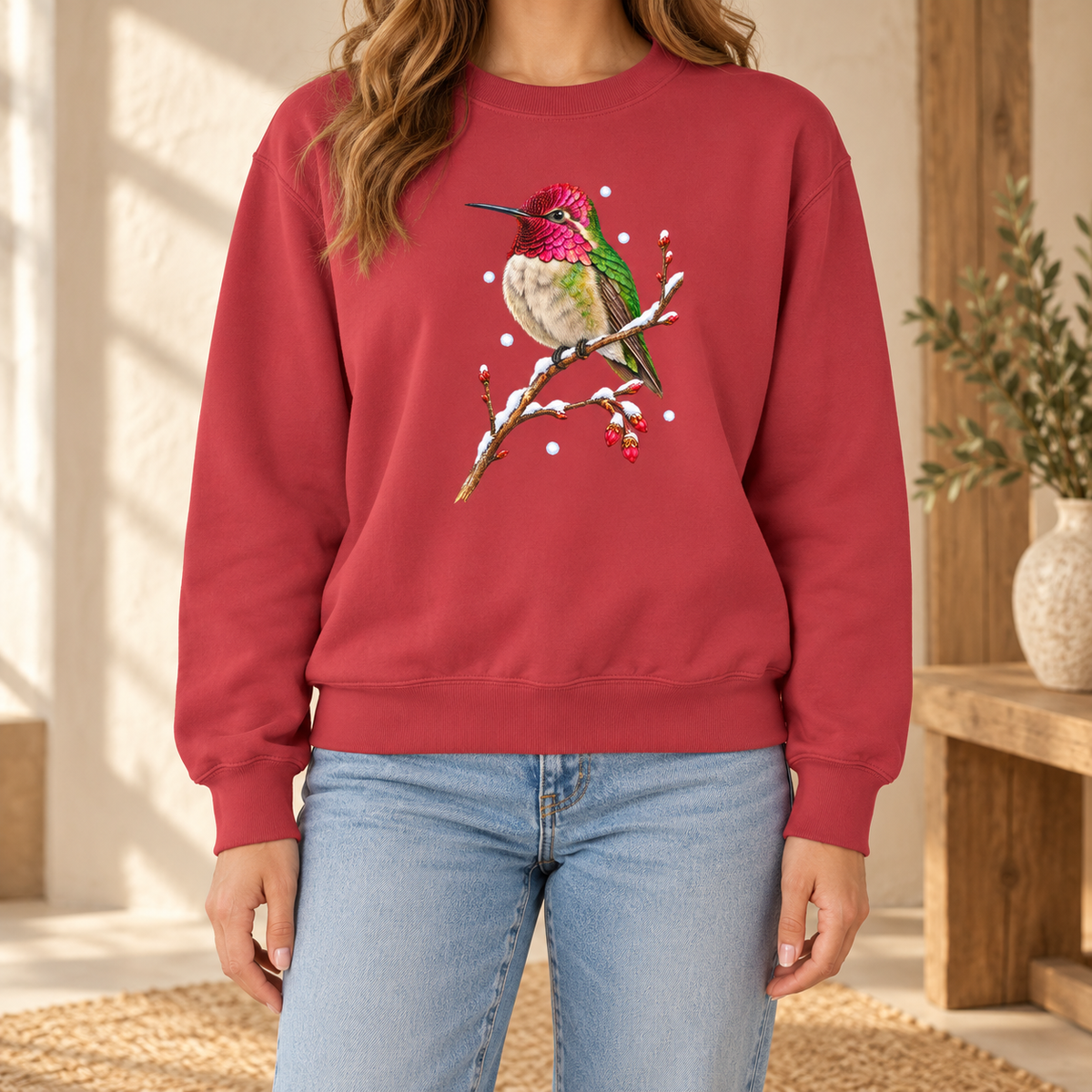 Winter Hummingbird Sweatshirt in Crimson - a watercolor Anna's hummingbird with a magenta head perched on a snowy twig, printed on a garment-dyed Comfort Colors 1566 crewneck