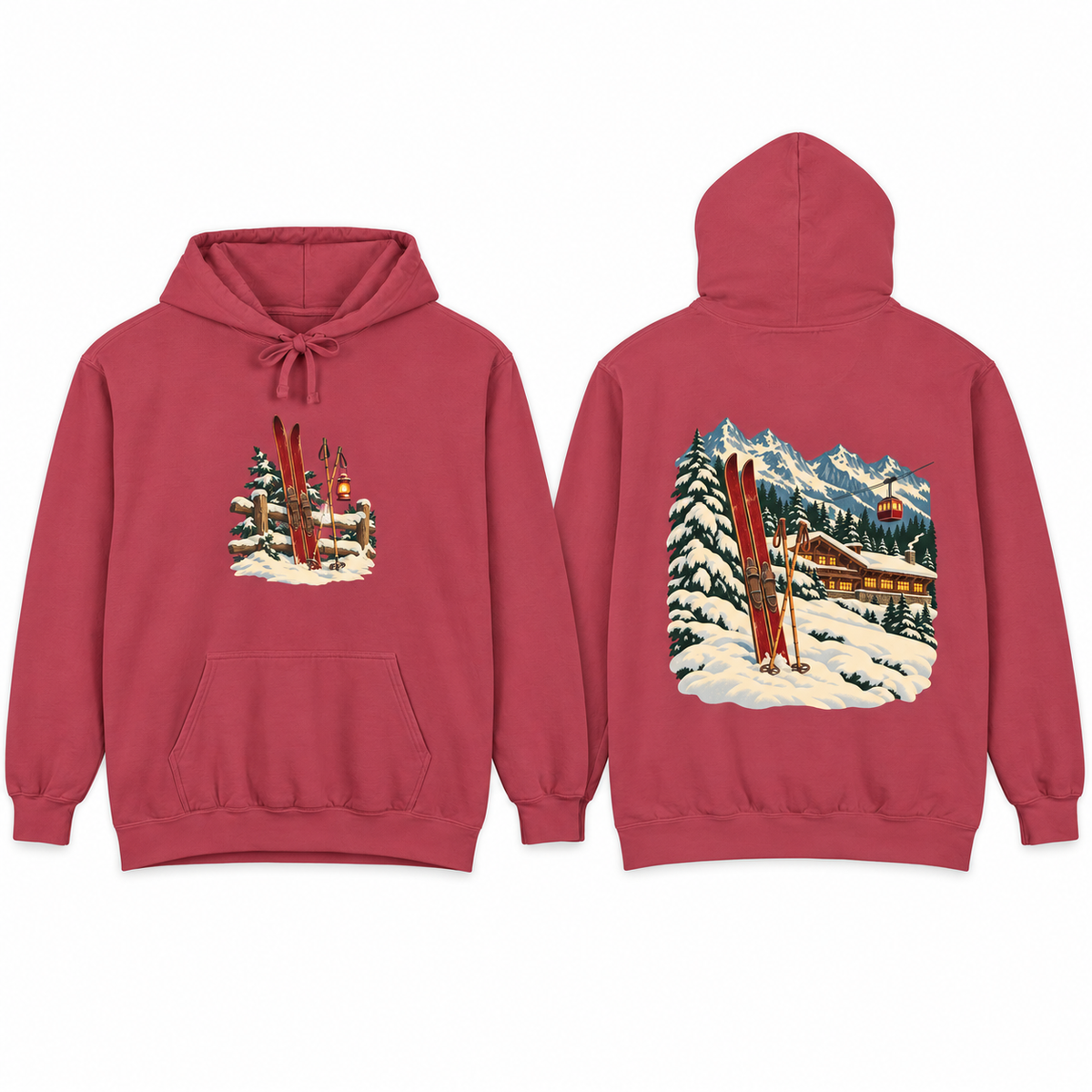 Vintage Ski Lodge hoodie in Crimson, front and back prints side by side