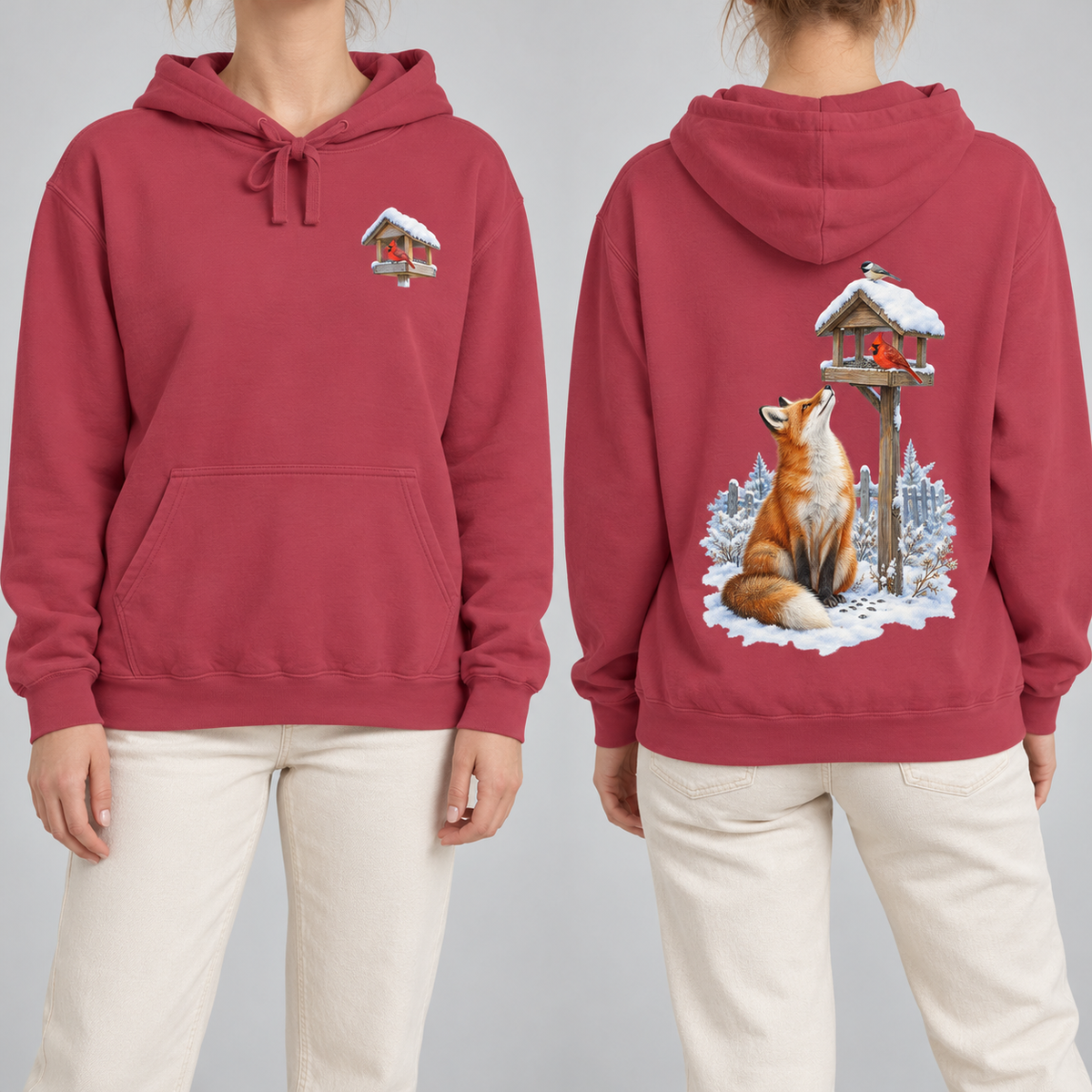 Beneath the Feeder hoodie in Crimson, front cardinal feeder crest and back fox print