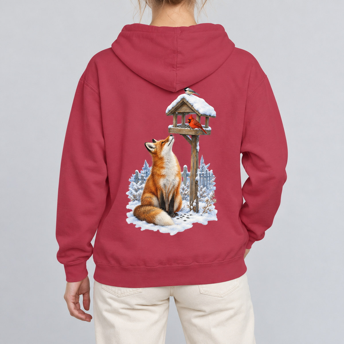 Beneath the Feeder hoodie in Crimson, back view of the red fox and cardinal feeder print